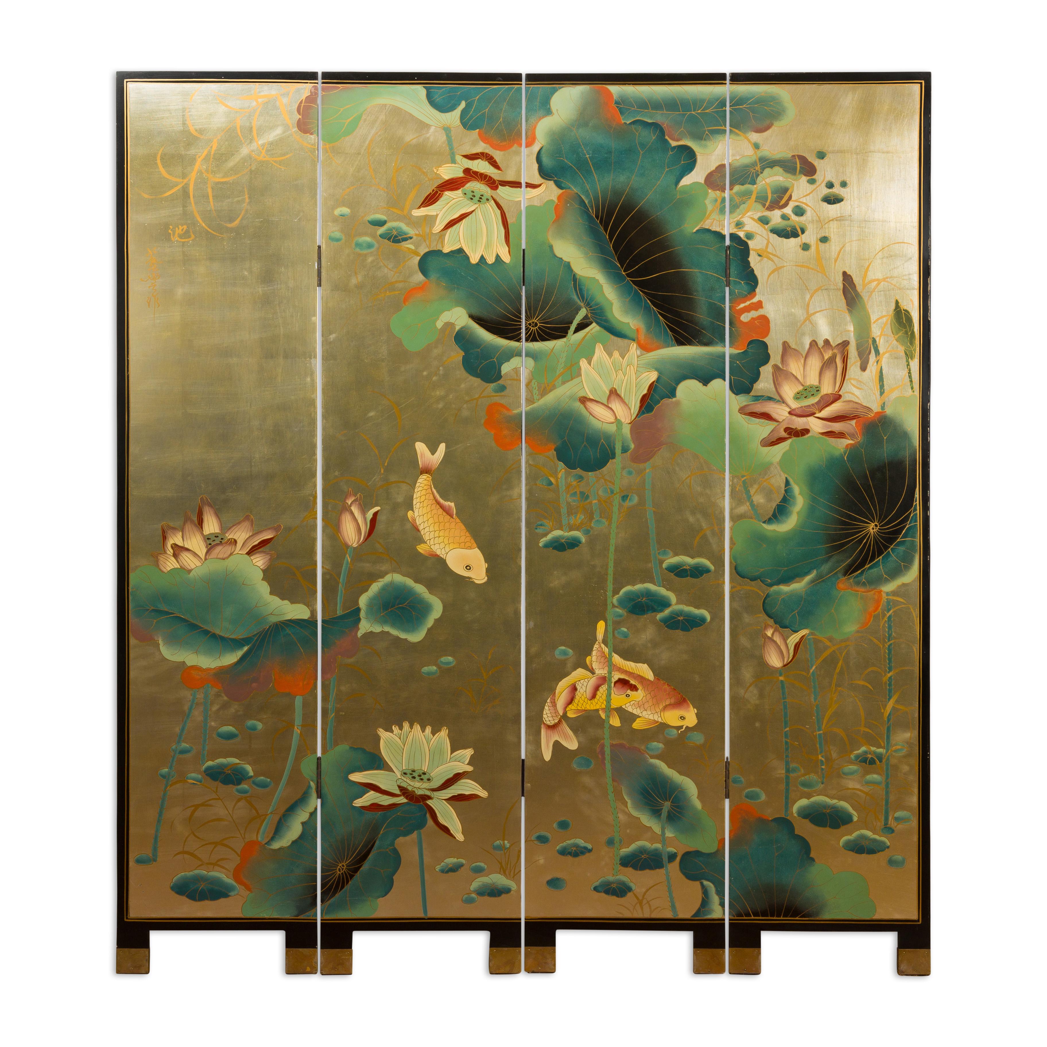 Chinese Antique Gold Leaf Koi Fish Floor Screen 12