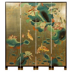 Chinese Antique Gold Leaf Koi Fish Floor Screen