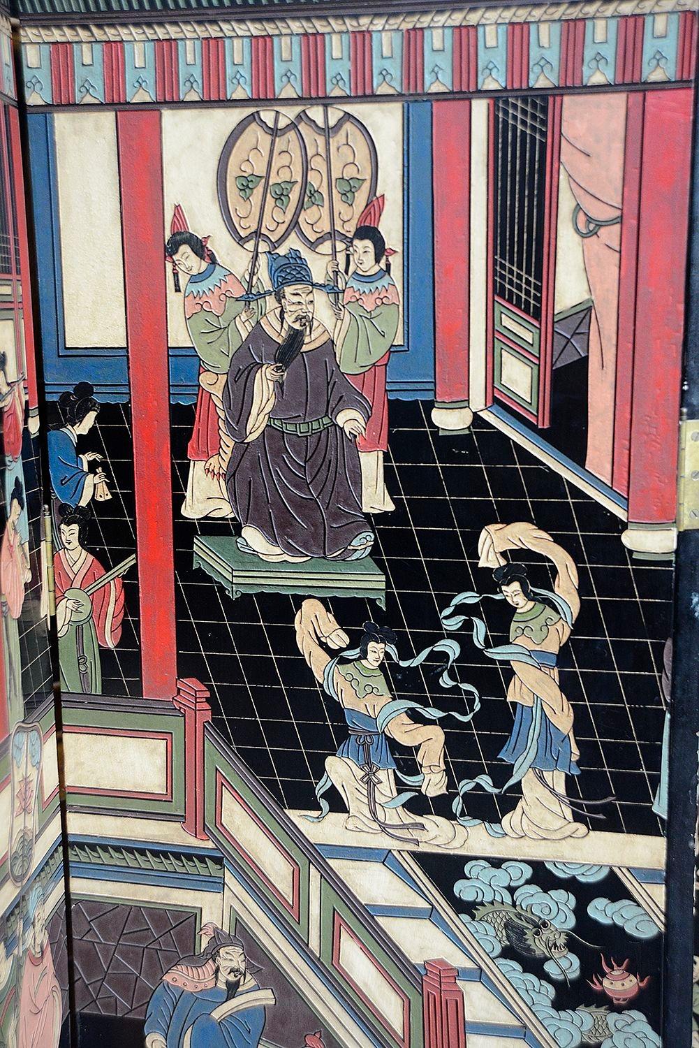 Peint à la main Écran plié chinois de laque Coromandel, début du 20e siècle en vente