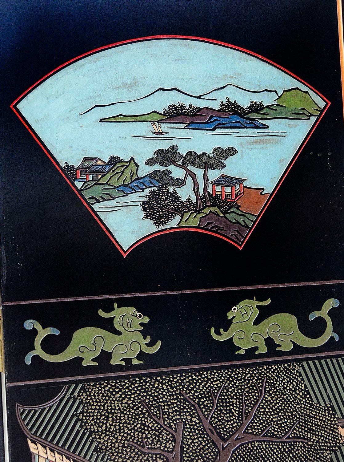 Écran plié chinois de laque Coromandel, début du 20e siècle en vente 2