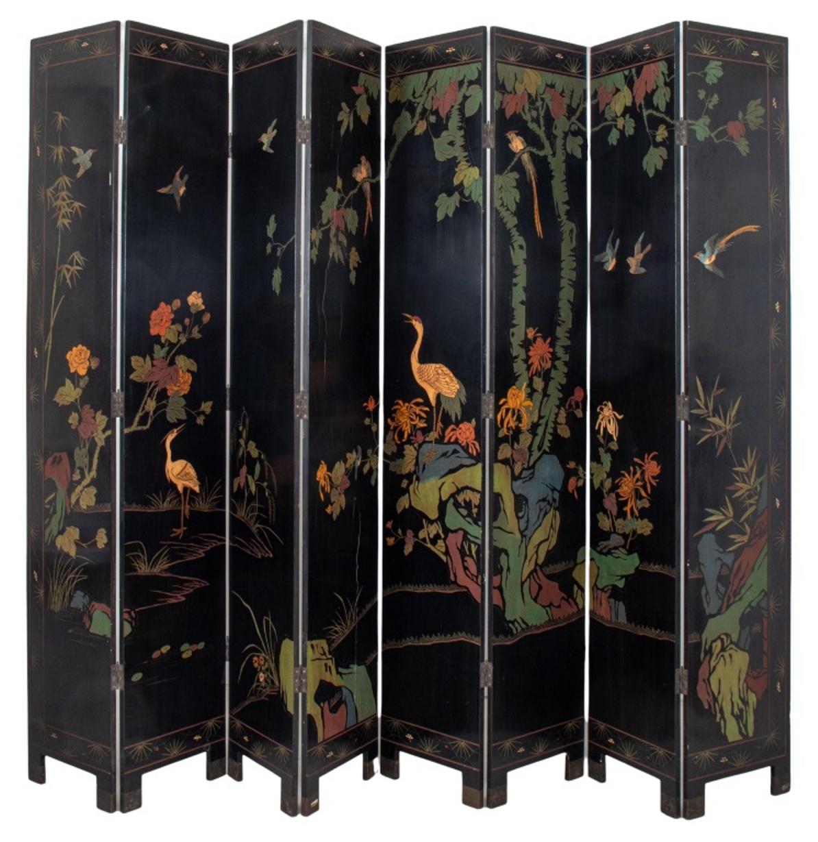 Chinese Coromandel lacquer eight panel screen, one side with gilded and polychromed court scenes, the reverse with a polychromed landscape.

Dimensions: Each panel: 96