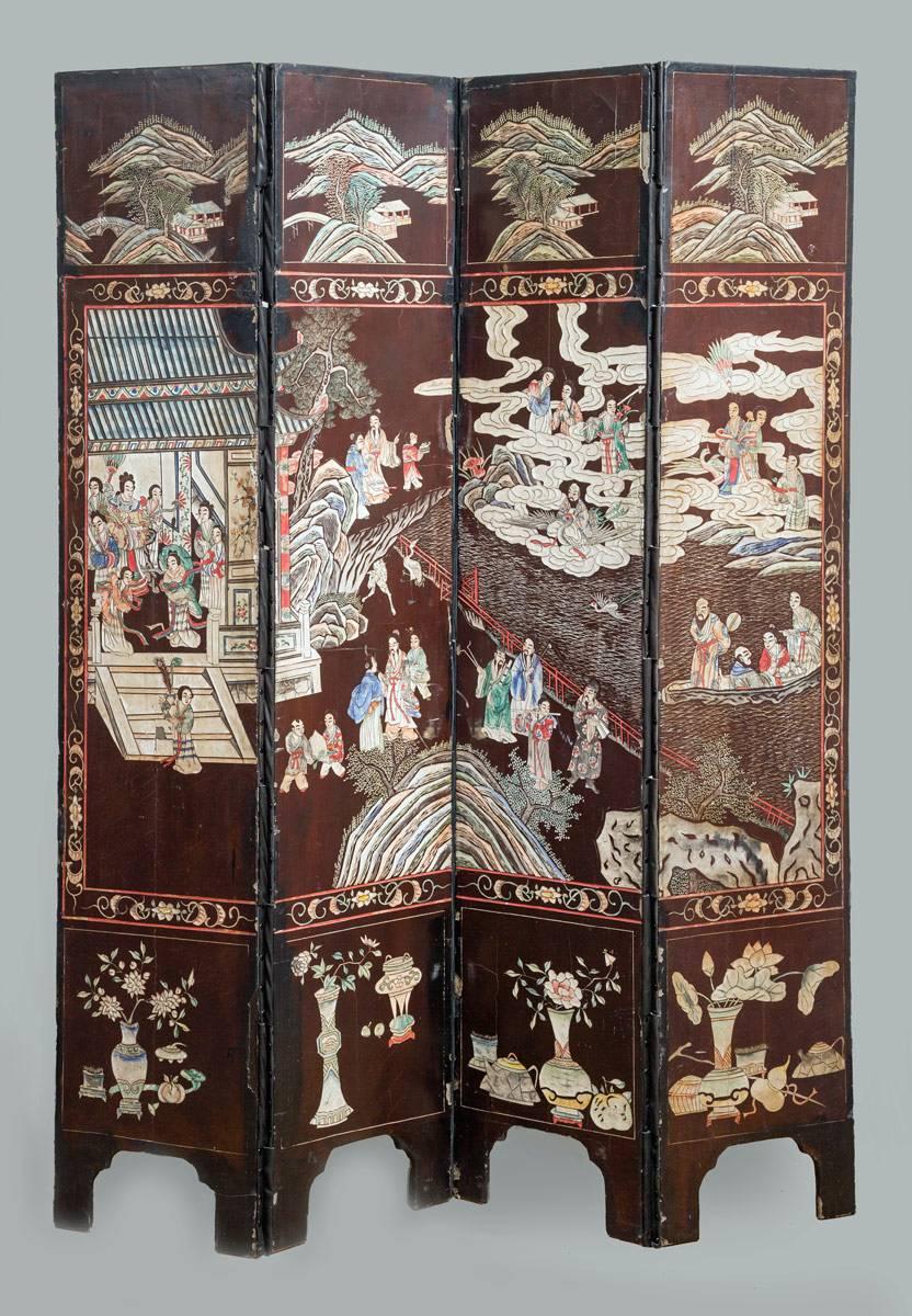 Chinese Export Chinese Coromandel Lacquer Four-Panel Qing Dynasty Screen For Sale