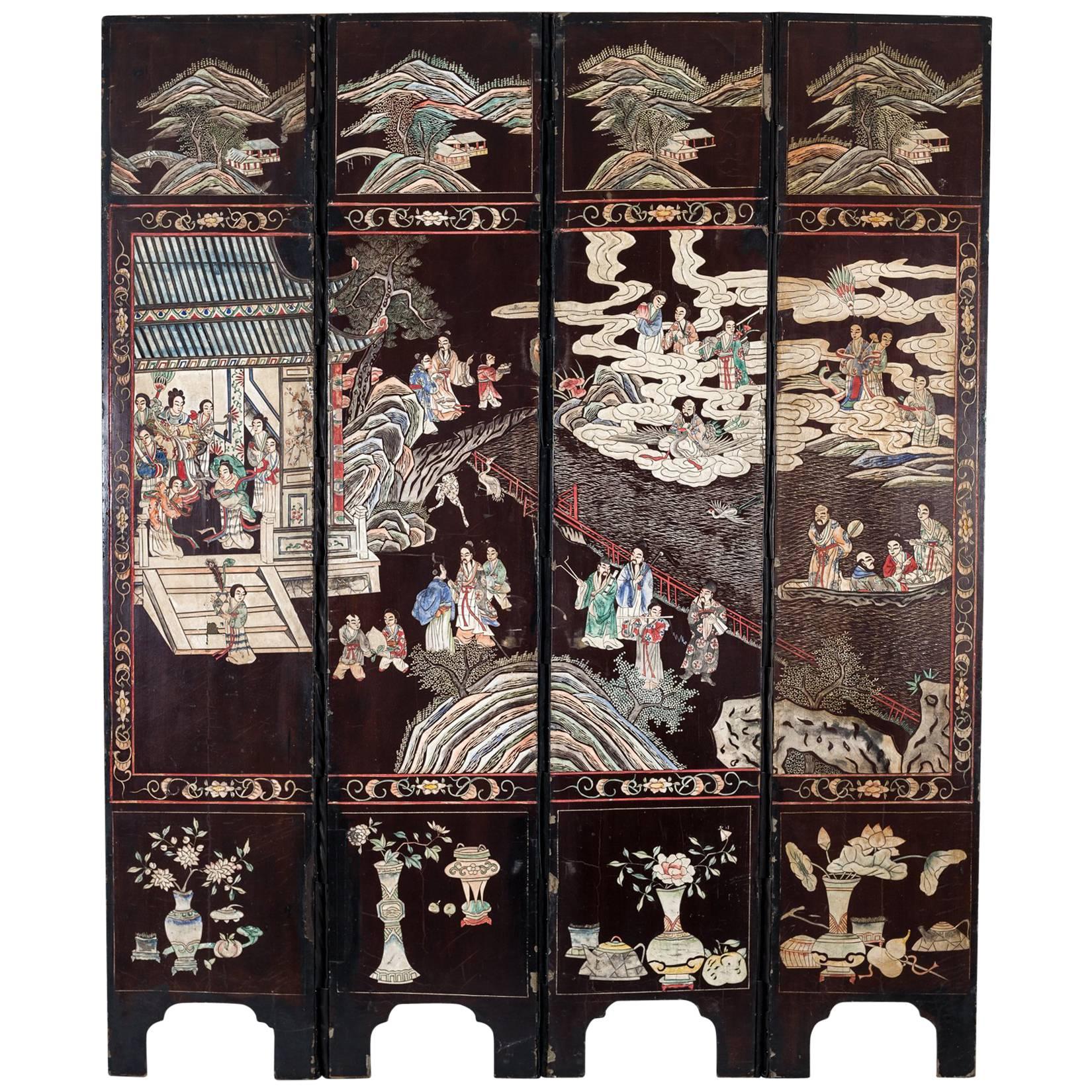 Chinese Coromandel Lacquer Four-Panel Qing Dynasty Screen For Sale