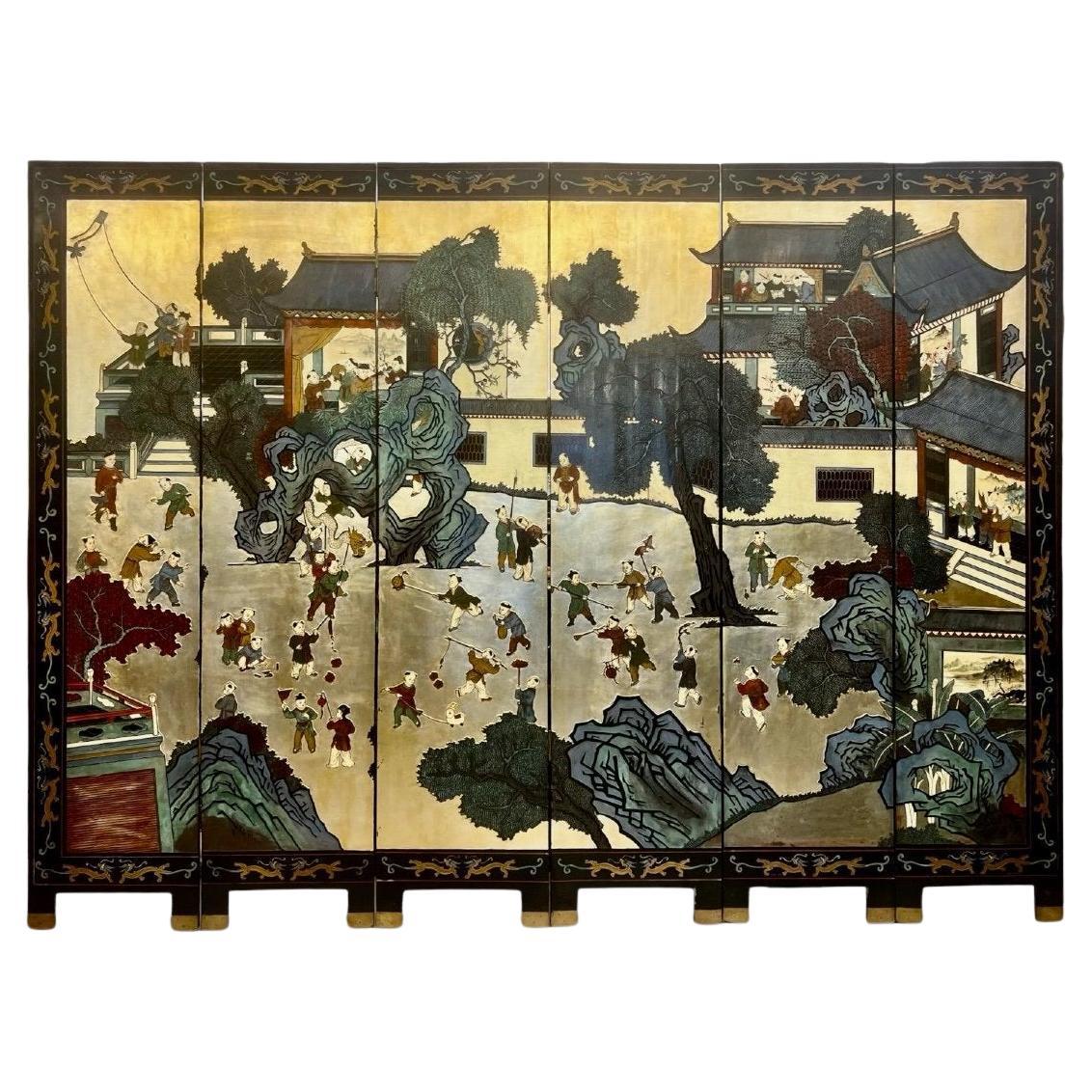 Sechsfacher chinesischer Coromandel-Lack-Raumteiler mit vergoldetem Hintergrund