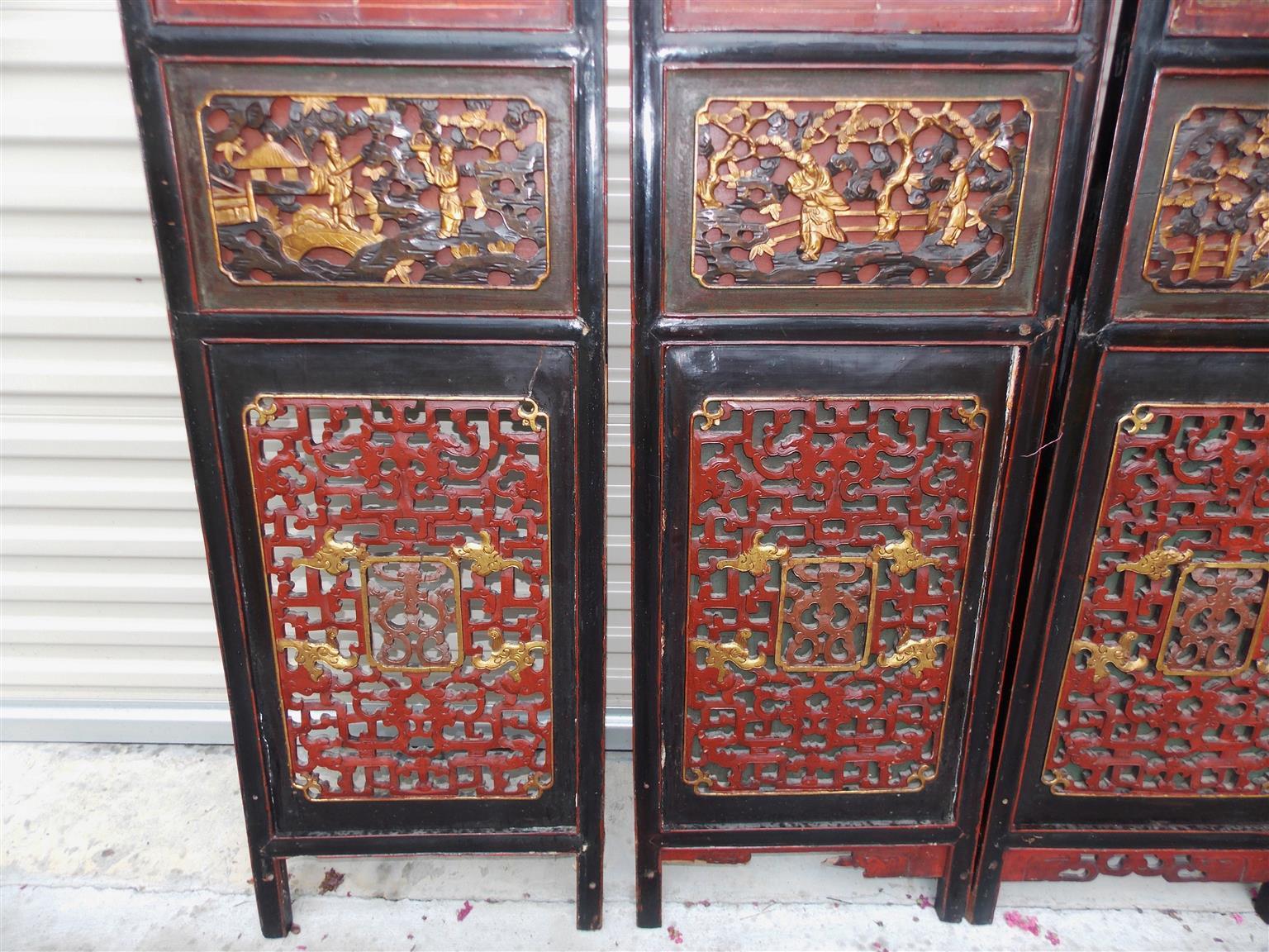 Chinesischer Coromandel-Roter Lack-Raumteiler mit 12 Tafeln mit Figuren und Landschaften. CIRCA 1840 im Angebot 3