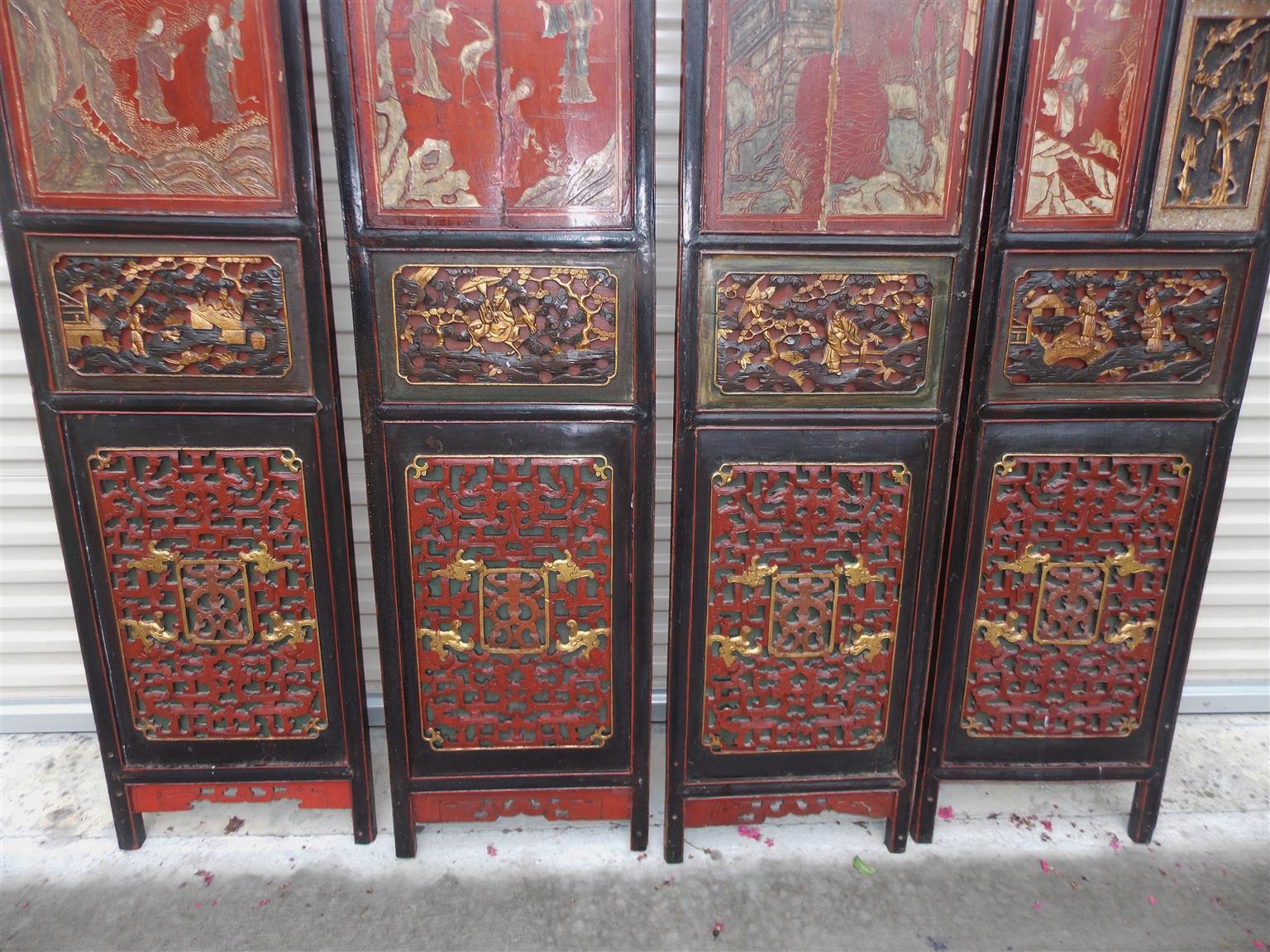 Chinesischer Coromandel-Roter Lack-Raumteiler mit 12 Tafeln mit Figuren und Landschaften. CIRCA 1840 im Angebot 4