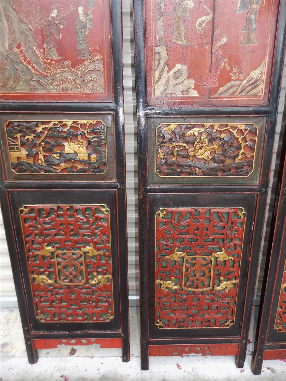 Chinesischer Coromandel-Roter Lack-Raumteiler mit 12 Tafeln mit Figuren und Landschaften. CIRCA 1840 im Angebot 6