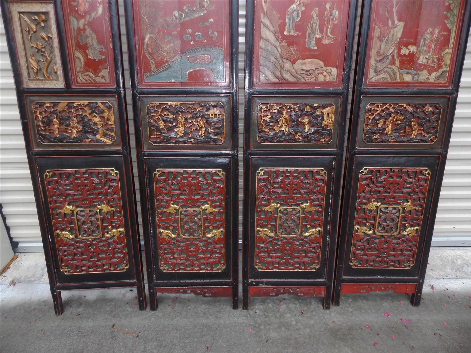 Hand-Carved Chinese Coromandel Red Lacquer 12-Panel Figural and Landscape Screen. Circa 1840 For Sale