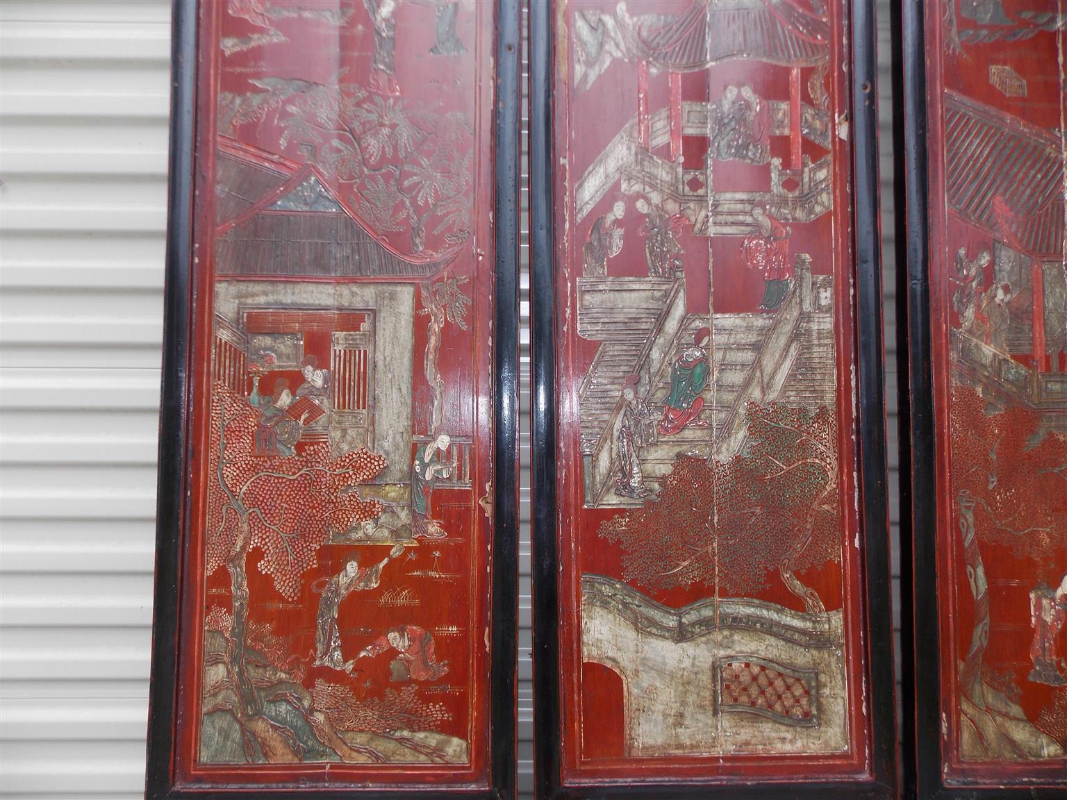 Wood Chinese Coromandel Red Lacquer 12-Panel Figural and Landscape Screen. Circa 1840 For Sale