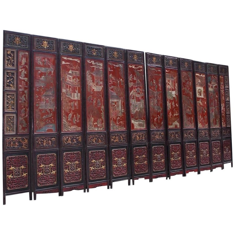 Chinese Coromandel Red Lacquer 12-Panel Figural and Landscape Screen. Circa 1840 For Sale