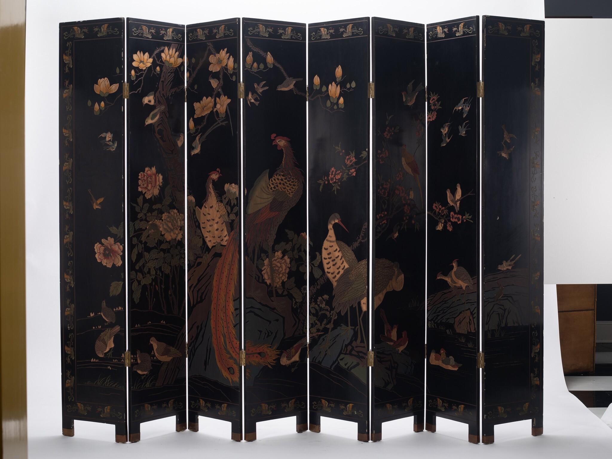 Vintage eight panel coromandel screen. One side is decorated with oriental figures and the other with a beautiful scenic floral of mixed birds to include pheasants, cranes and partridges.