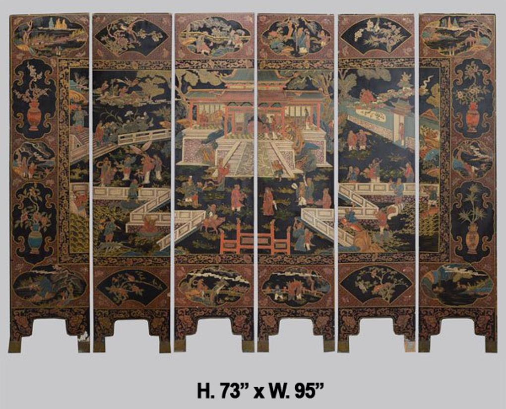 Fine antique Chinese hand painted coromandel 6 Panel Screen.20th century possibly earlier.
Each panel is hand brushed with gesso before it is being hand painted to give the three dimensional effect that add a lot to the value of the screen.
In
