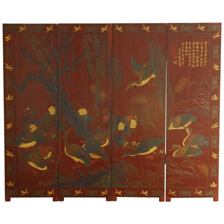 Chinese Coromandel Style Two-Sided Lacquer Screen