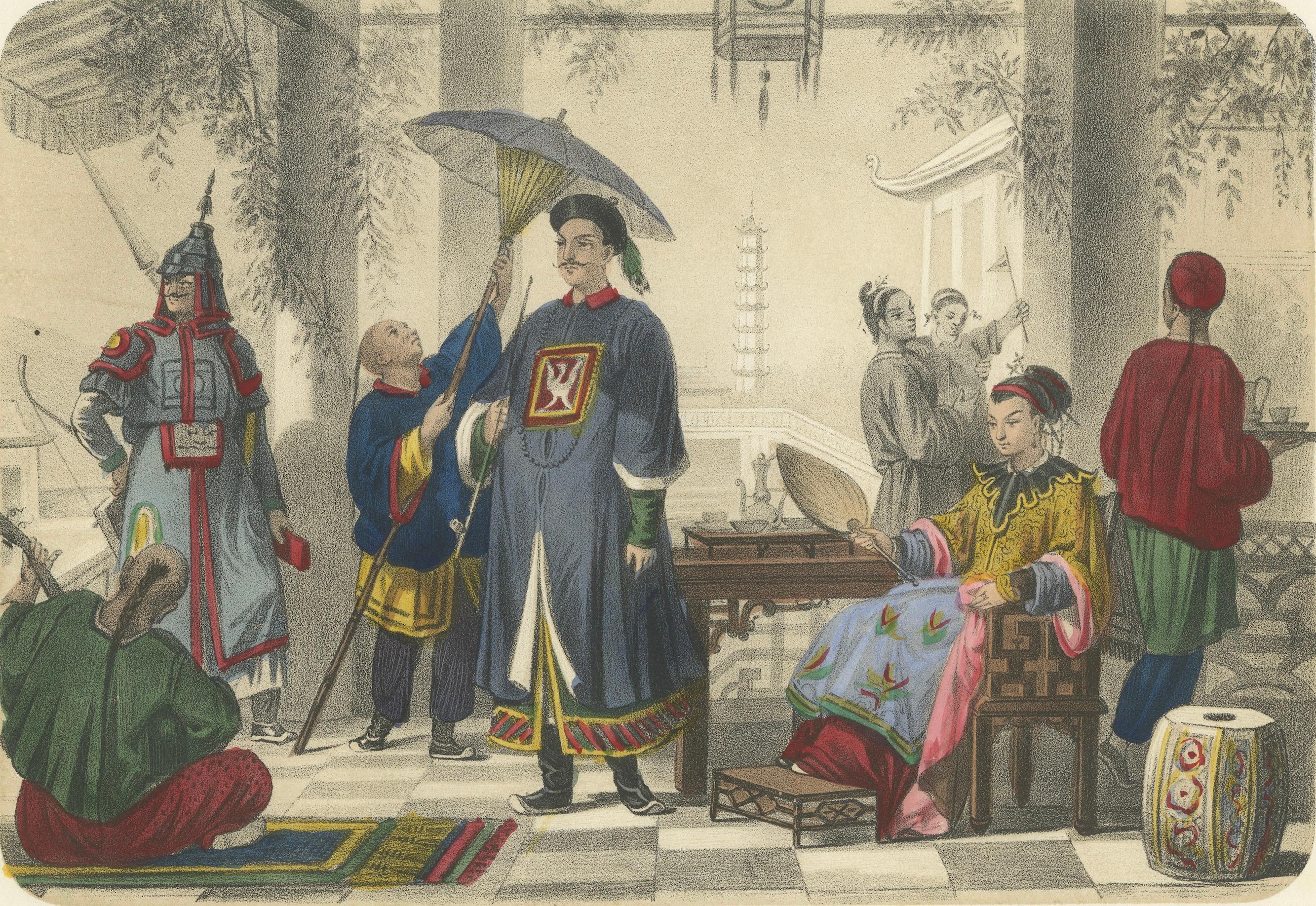 Chinese Costumes – Mandarin, Tartar Lady and Musicians, c.1845