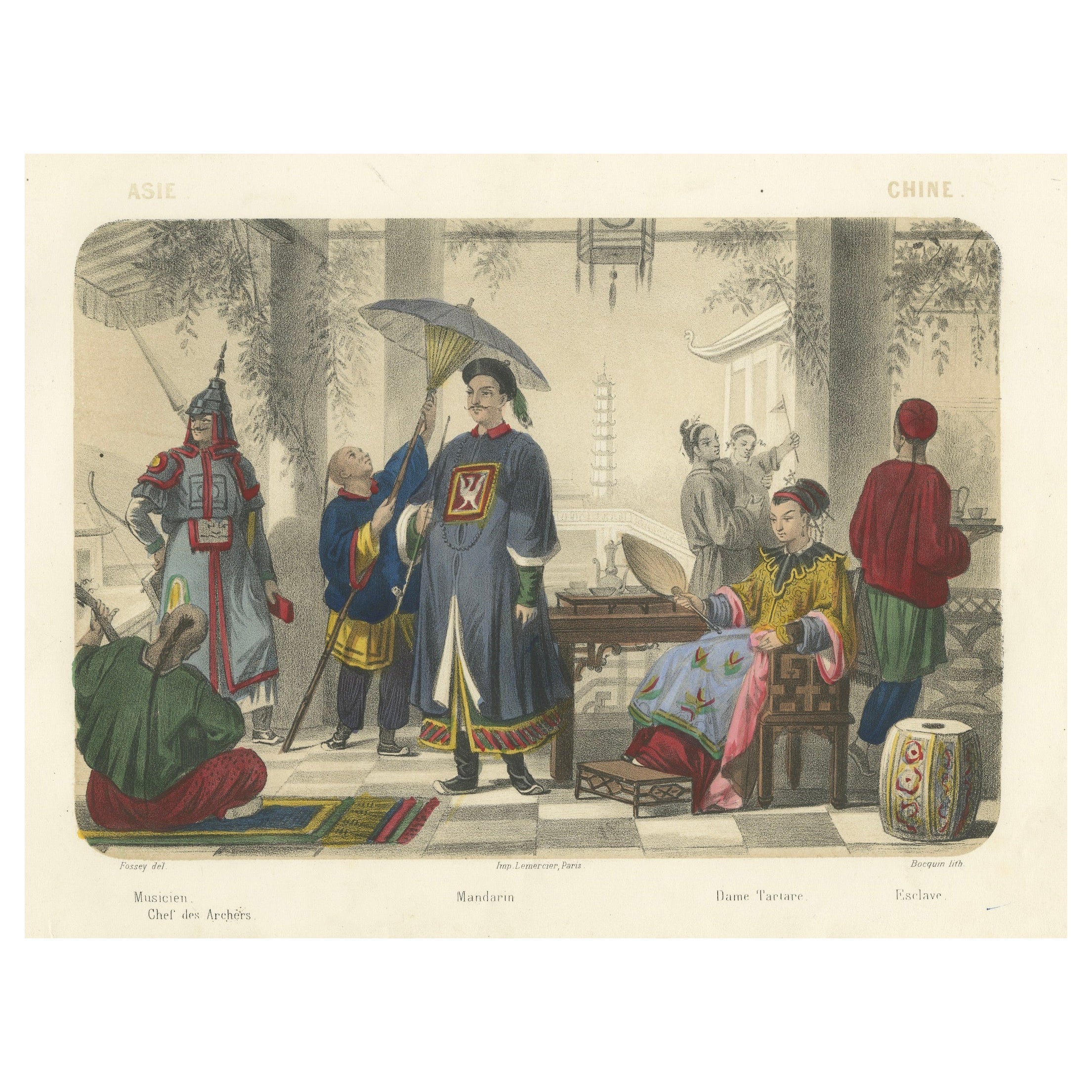 Chinese Costumes – Mandarin, Tartar Lady and Musicians, c.1845 in vendita