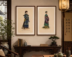 Chinese Costumes Pair, Antique Hand-Colored Engravings, Dutch, 1854