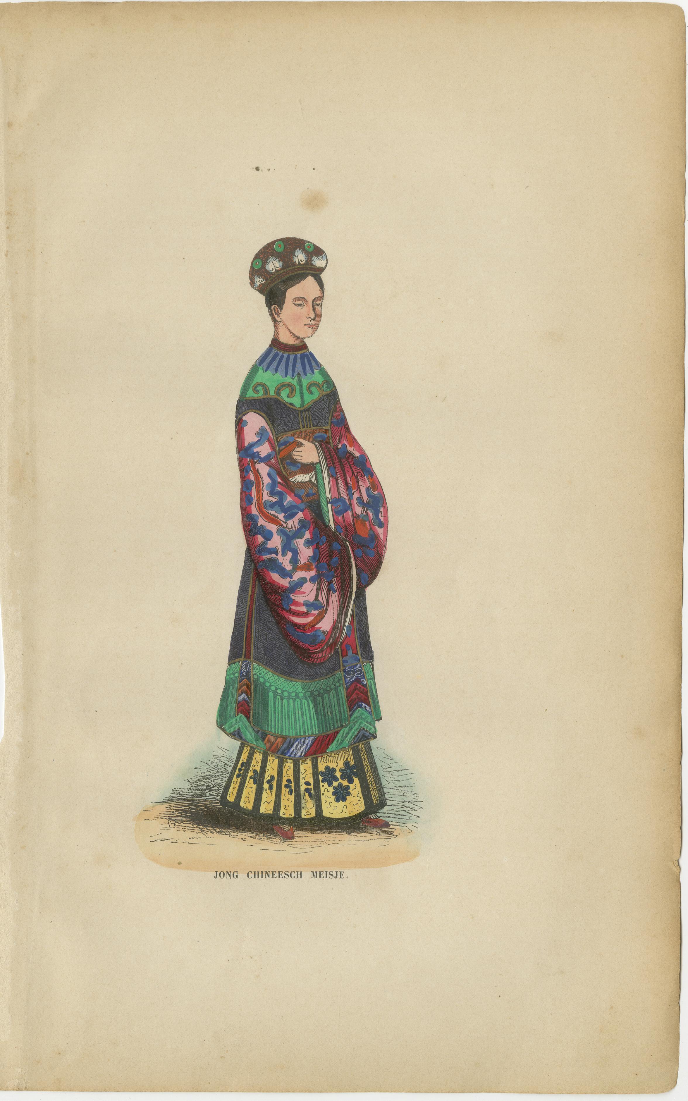 Chinese Costumes Pair, Antique Hand-Colored Engravings, Dutch, 1854