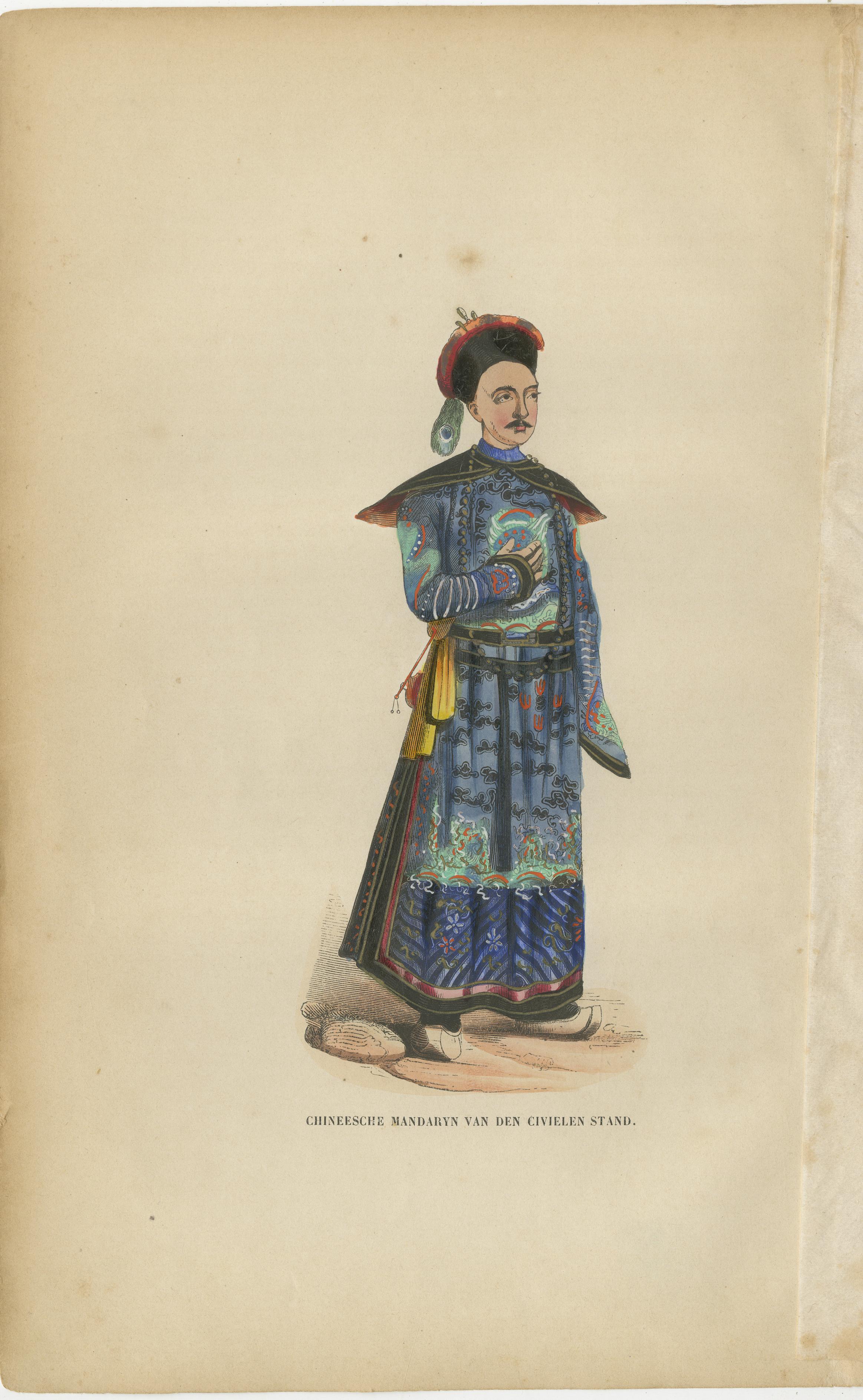 Chinese Costumes Pair, Antique Hand-Colored Engravings, Dutch, 1854