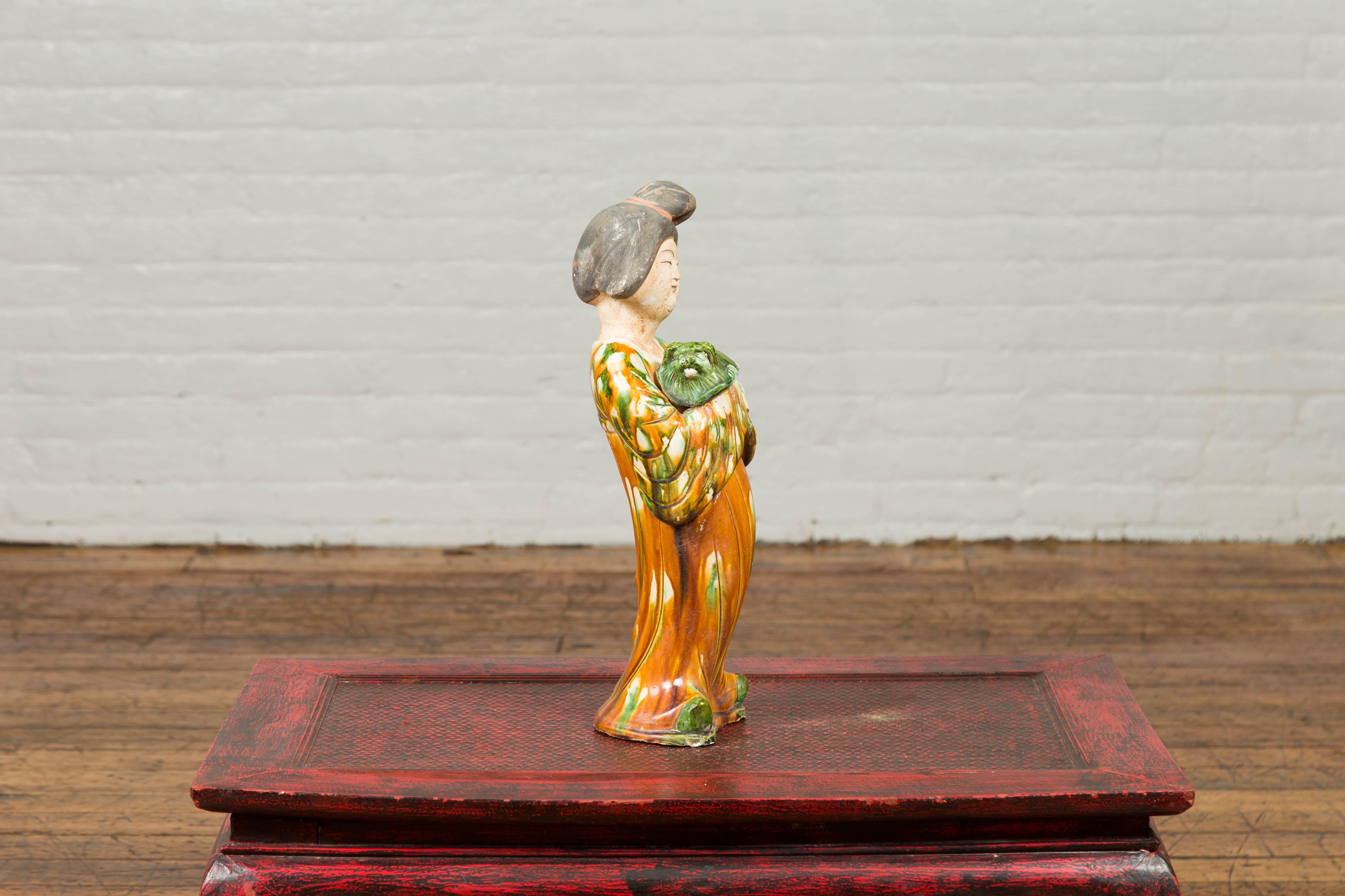 20th Century Chinese Court Lady Statue with Egg and Spinach Pattern Kimono and Holding a Dog For Sale