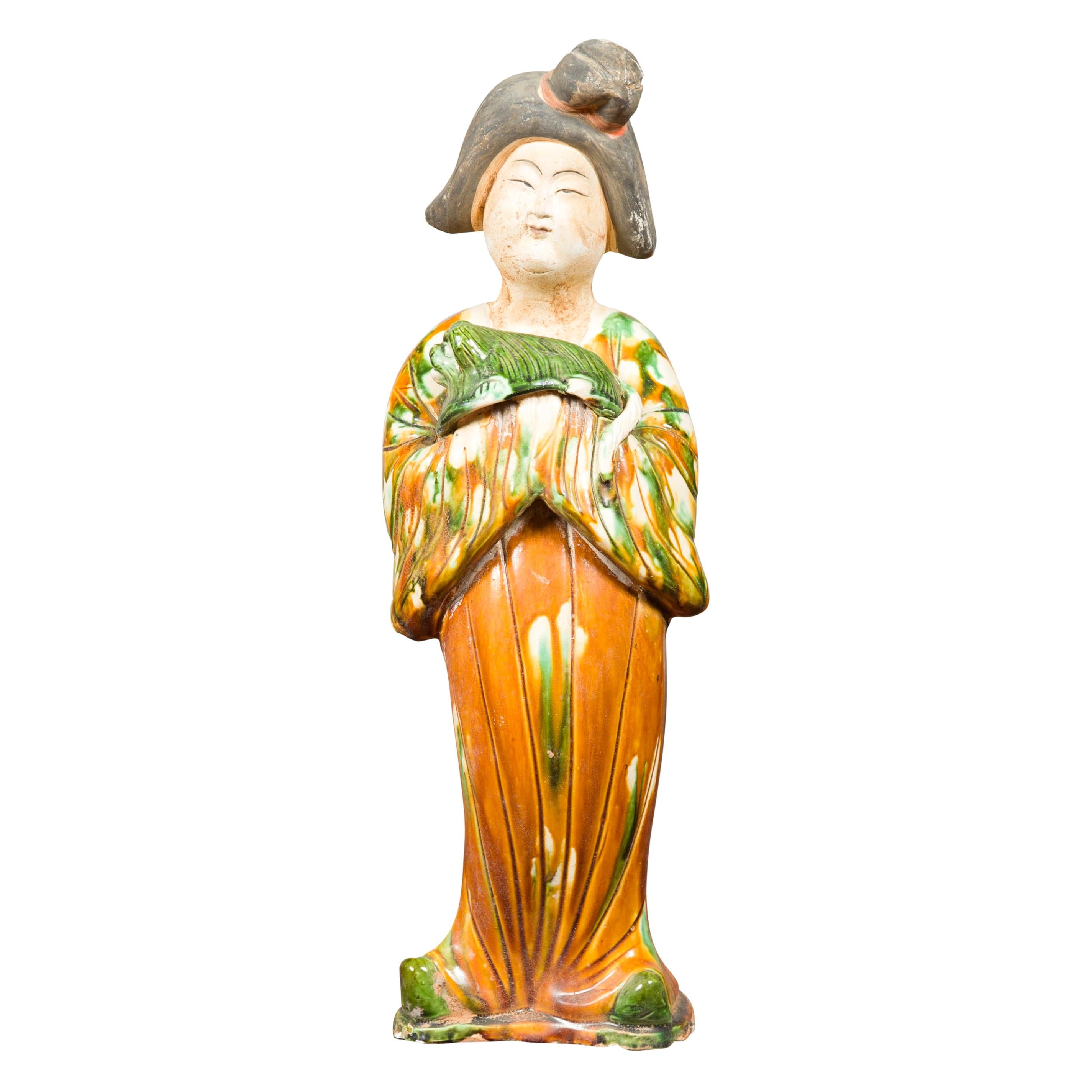 Chinese Court Lady Statue with Egg and Spinach Pattern Kimono and Holding a Dog