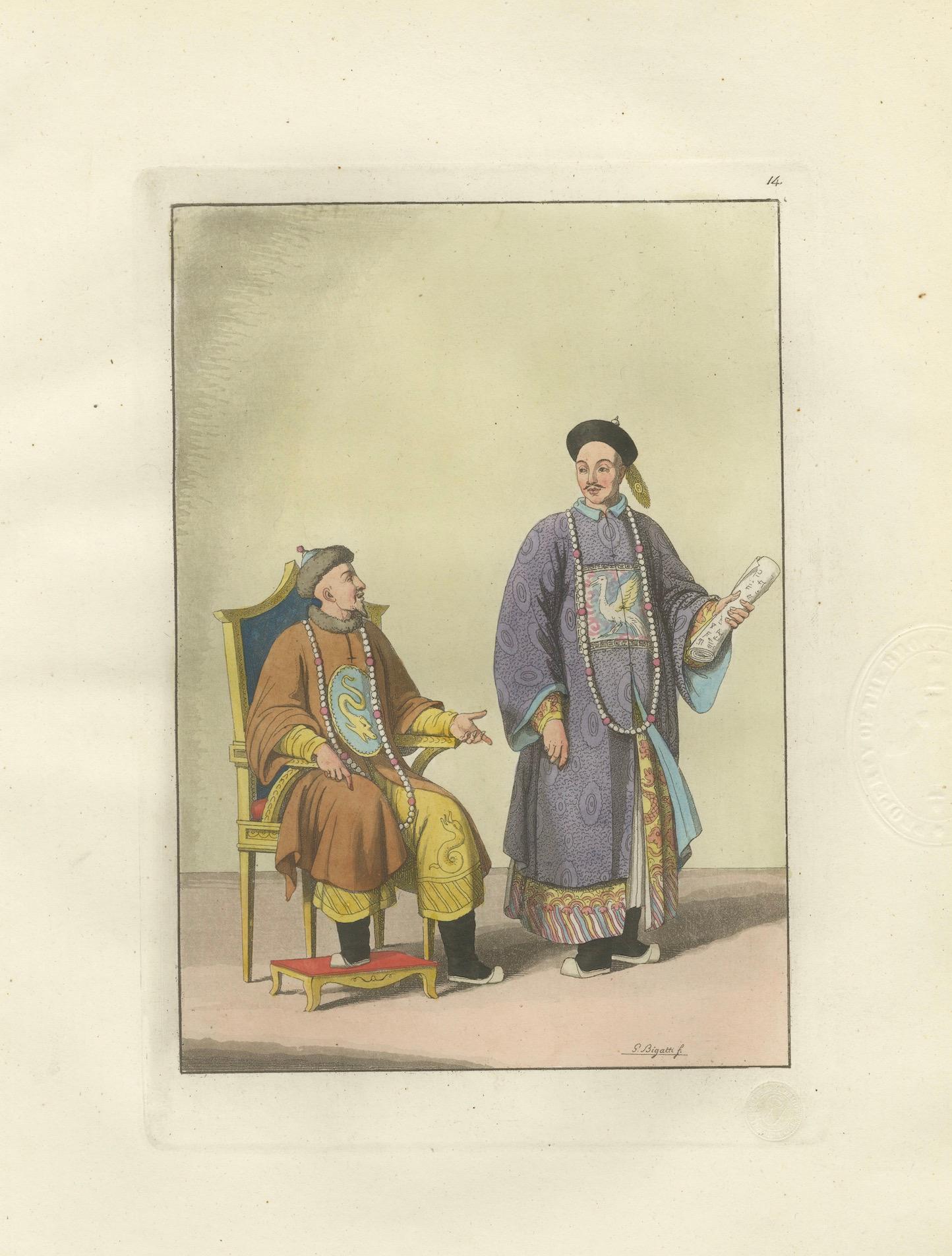 Chinese Court Official with Attendant, Antique Hand-Colored Print, 1815