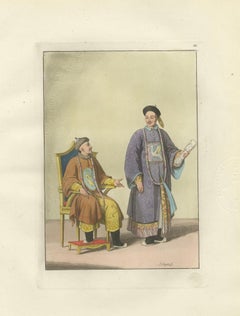 Chinese Court Official with Attendant, Antique Hand-Colored Print, 1815