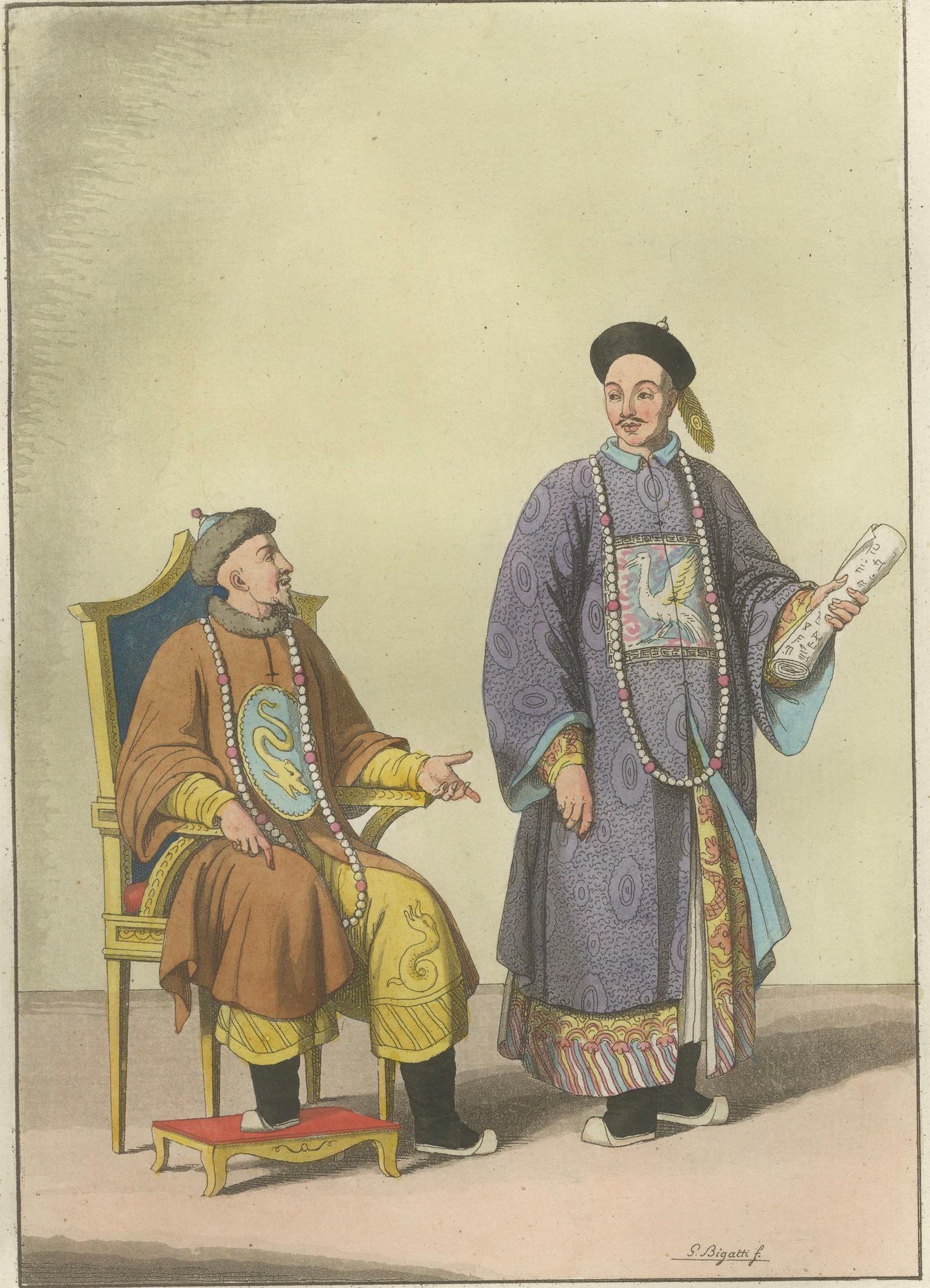 Chinese Court Official with Attendant, Antique Hand-Colored Print, 1815