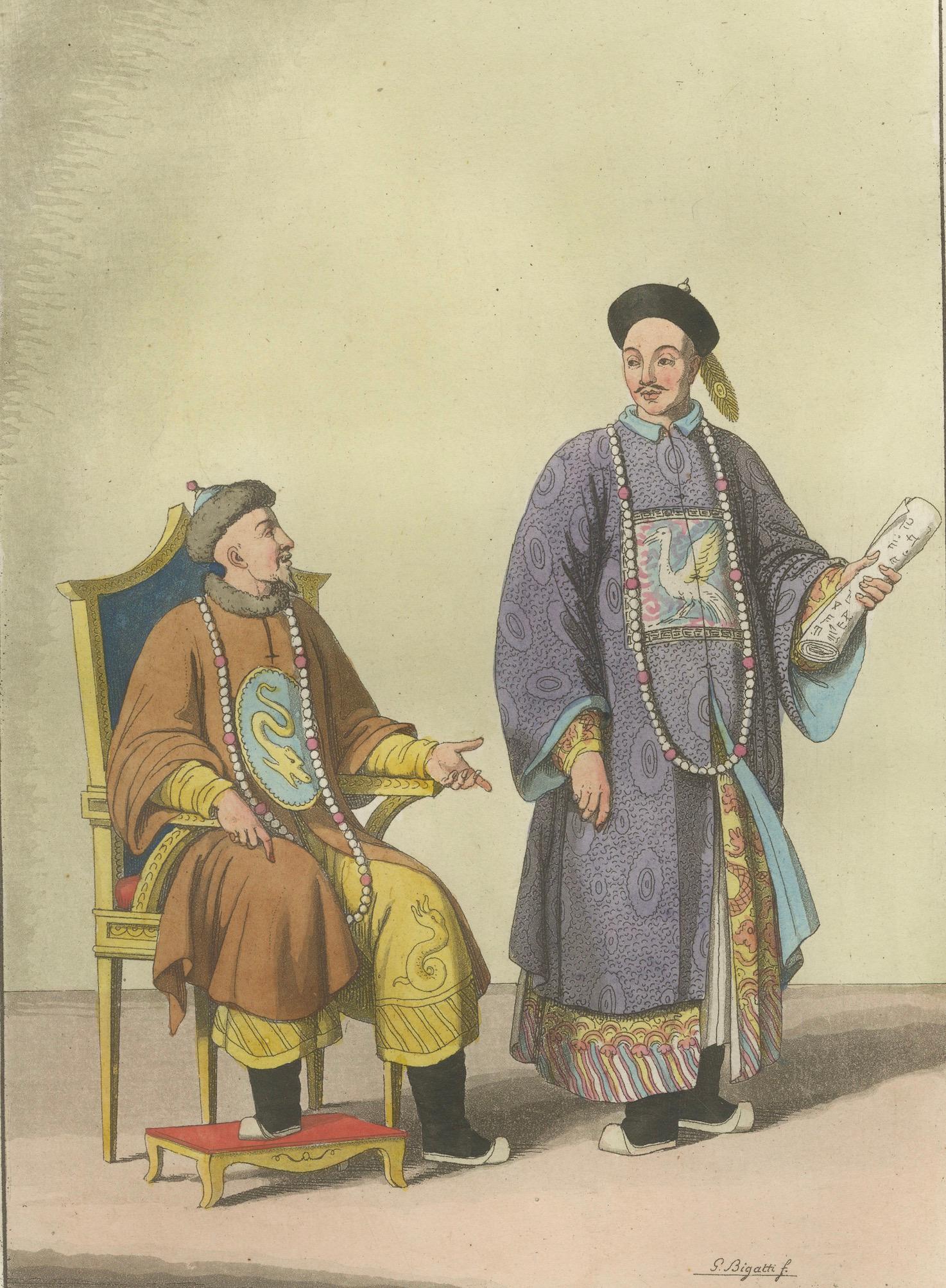 Chinese Court Official with Attendant, Antique Hand-Colored Print, 1815