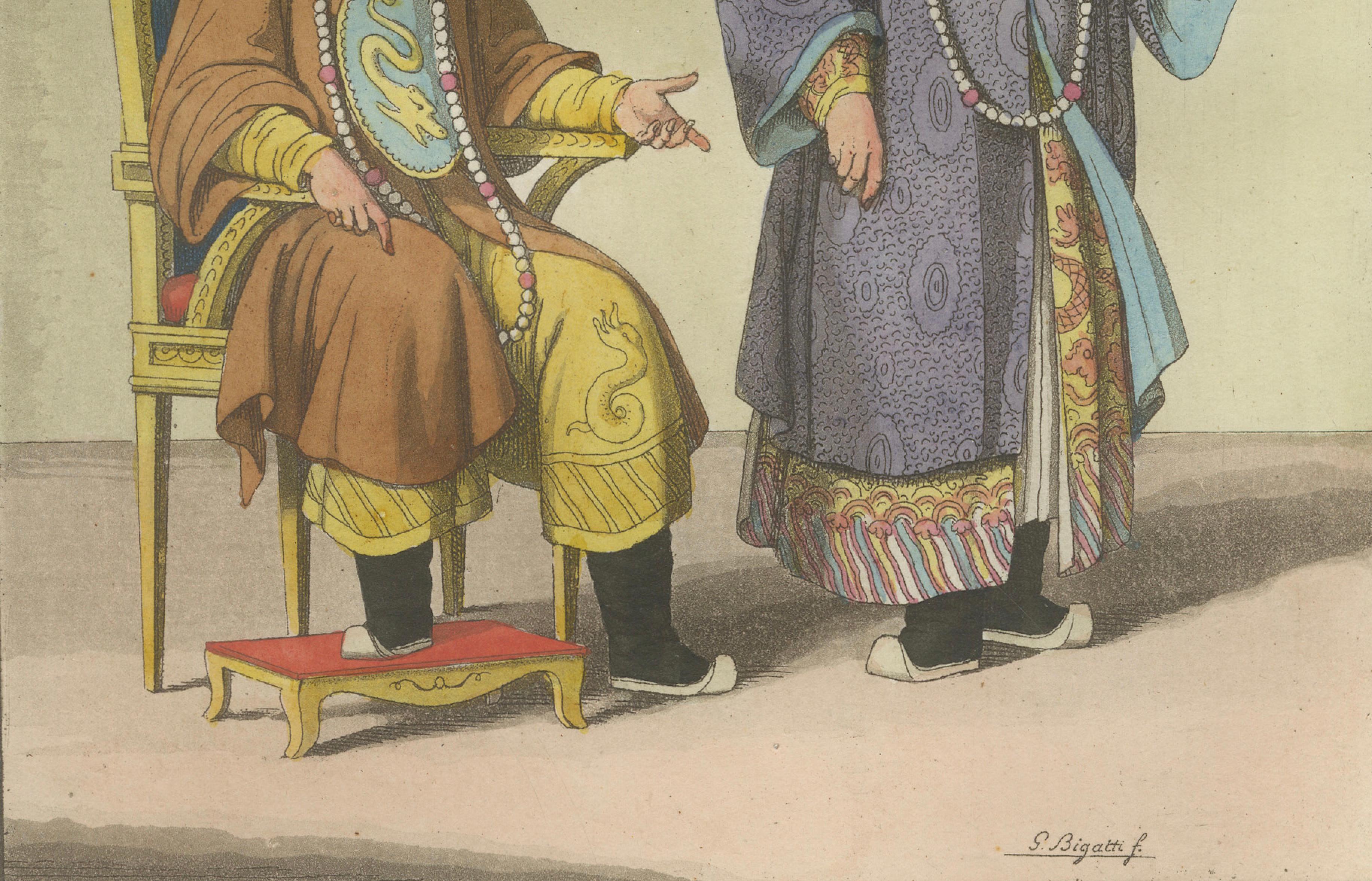 Chinese Court Official with Attendant, Antique Hand-Colored Print, 1815