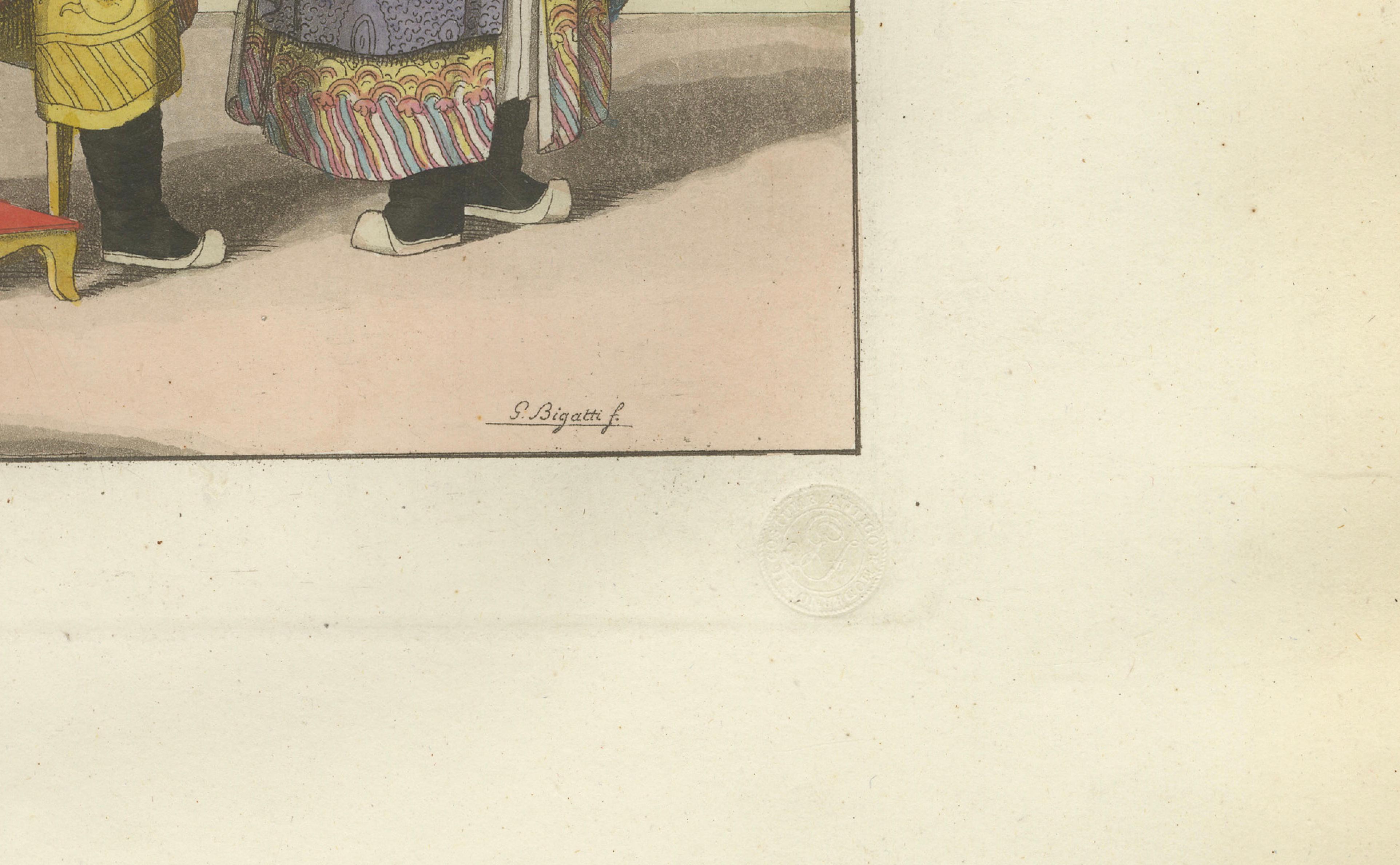 Chinese Court Official with Attendant, Antique Hand-Colored Print, 1815