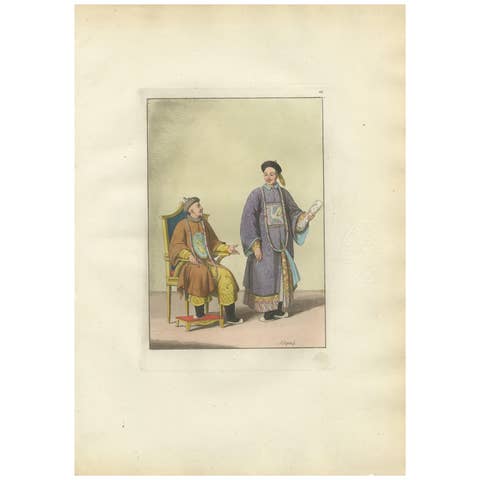Chinese Court Official with Attendant, Antique Hand-Colored Print, 1815