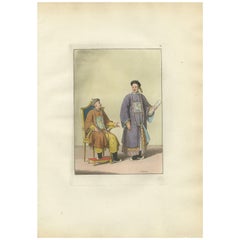 Chinese Court Official with Attendant, Antique Hand-Colored Print, 1815