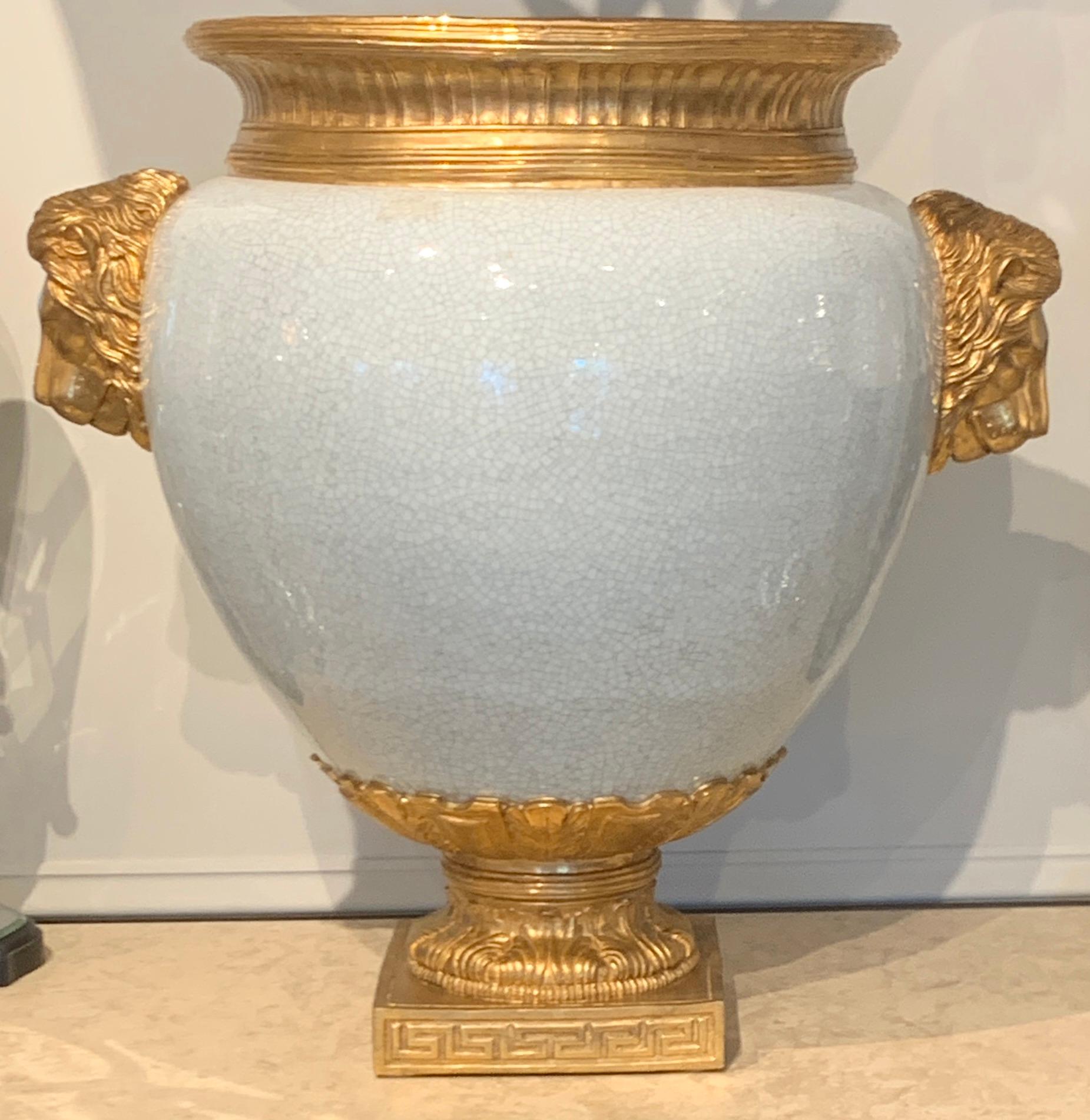 Chinese crackle glaze and ormolu lion motif urn, large beautiful random Chinese crackle vase, with French ormolu mounts, with a 15