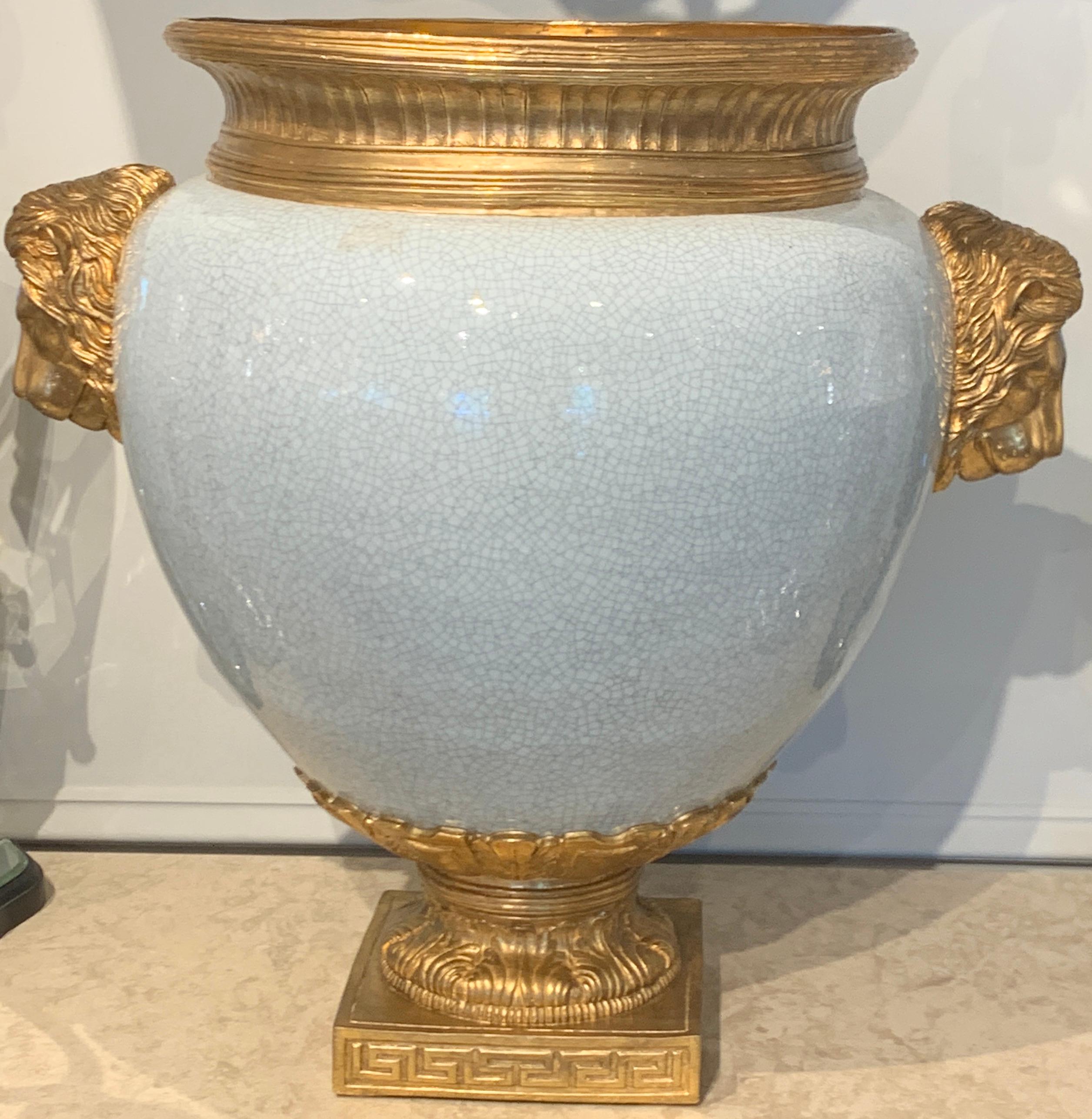 Neoclassical Chinese Crackle Glaze and Ormolu Lion Motif Urn For Sale