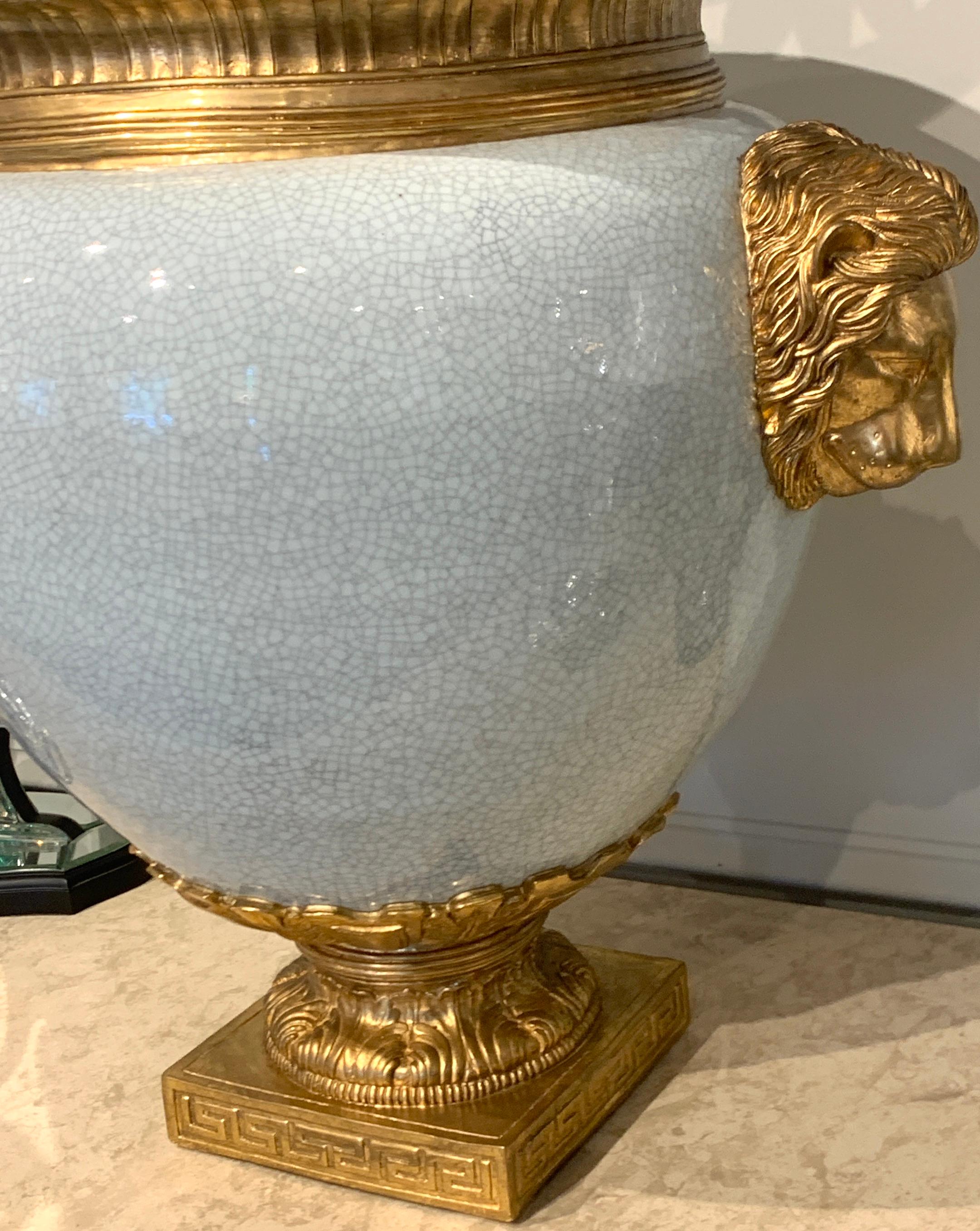 Chinese Crackle Glaze and Ormolu Lion Motif Urn In Good Condition For Sale In Atlanta, GA