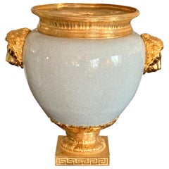 Chinese Crackle Glaze and Ormolu Lion Motif Urn