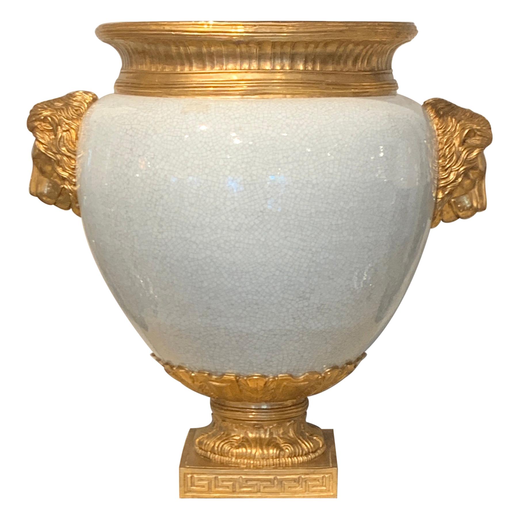 Chinese Crackle Glaze and Ormolu Lion Motif Urn For Sale