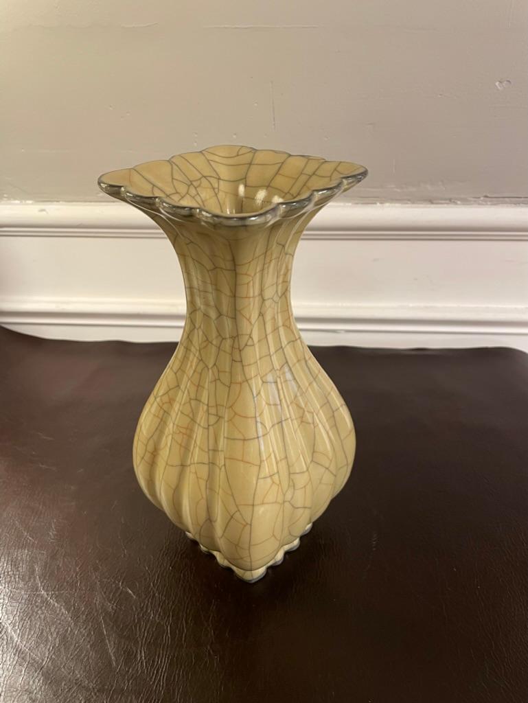 Glazed Chinese Crackle Glaze Fluted Vase For Sale