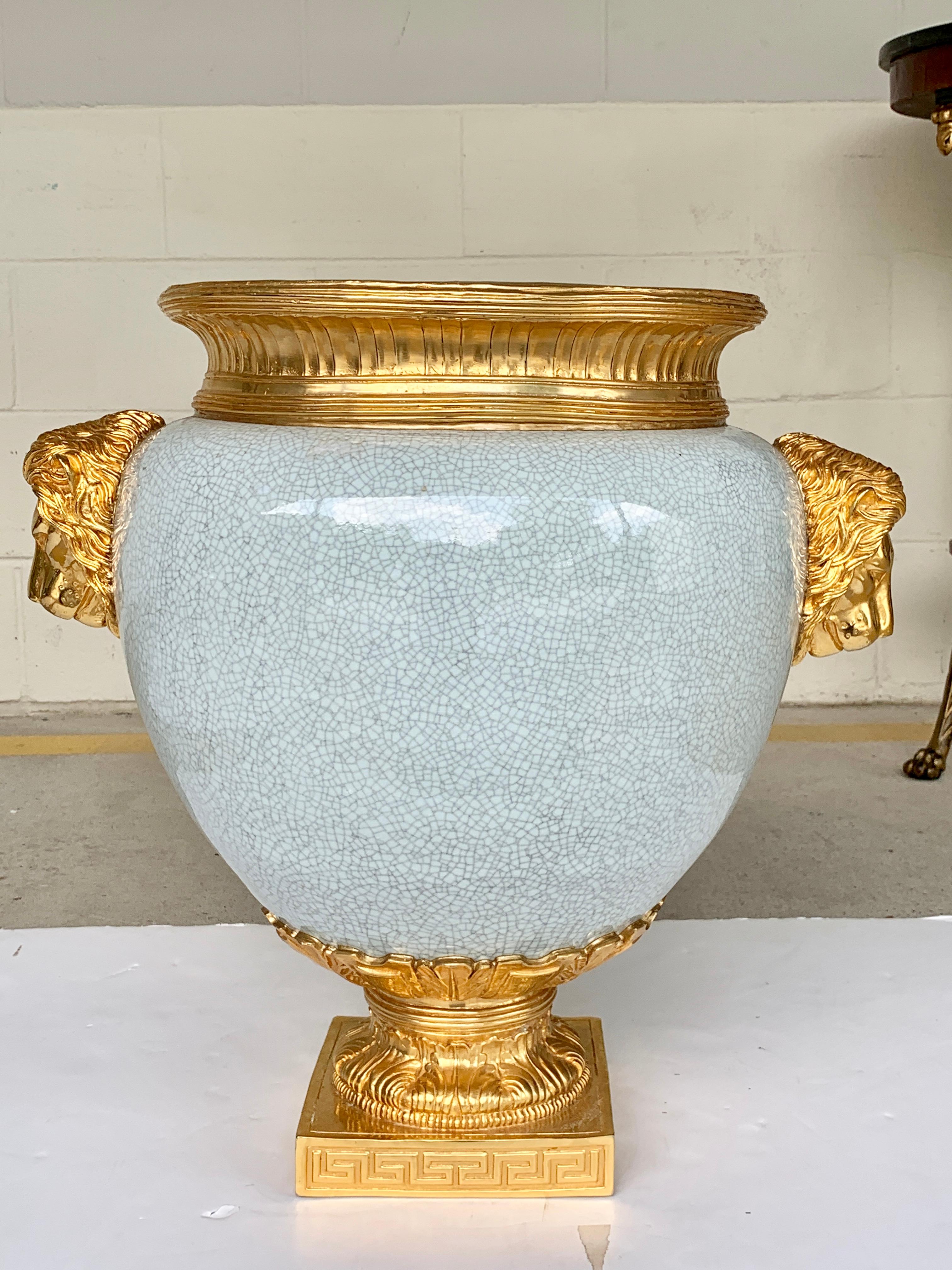 Chinese crackle glaze and ormolu lion motif urn, large beautiful random Chinese crackle vase, with French ormolu mounts, with a 15