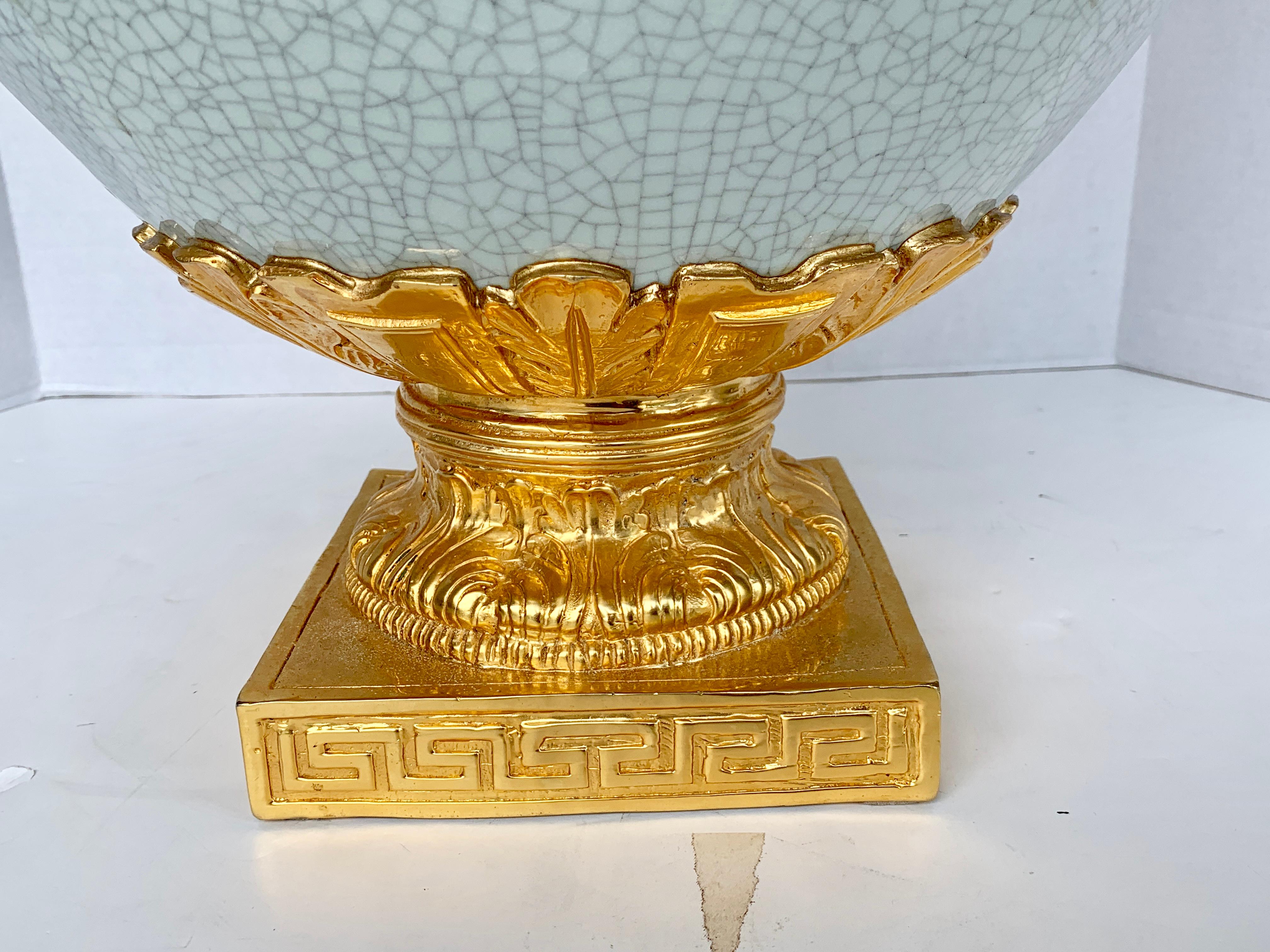 Neoclassical Chinese Crackle Glaze and Ormolu Lion Motif Urn For Sale