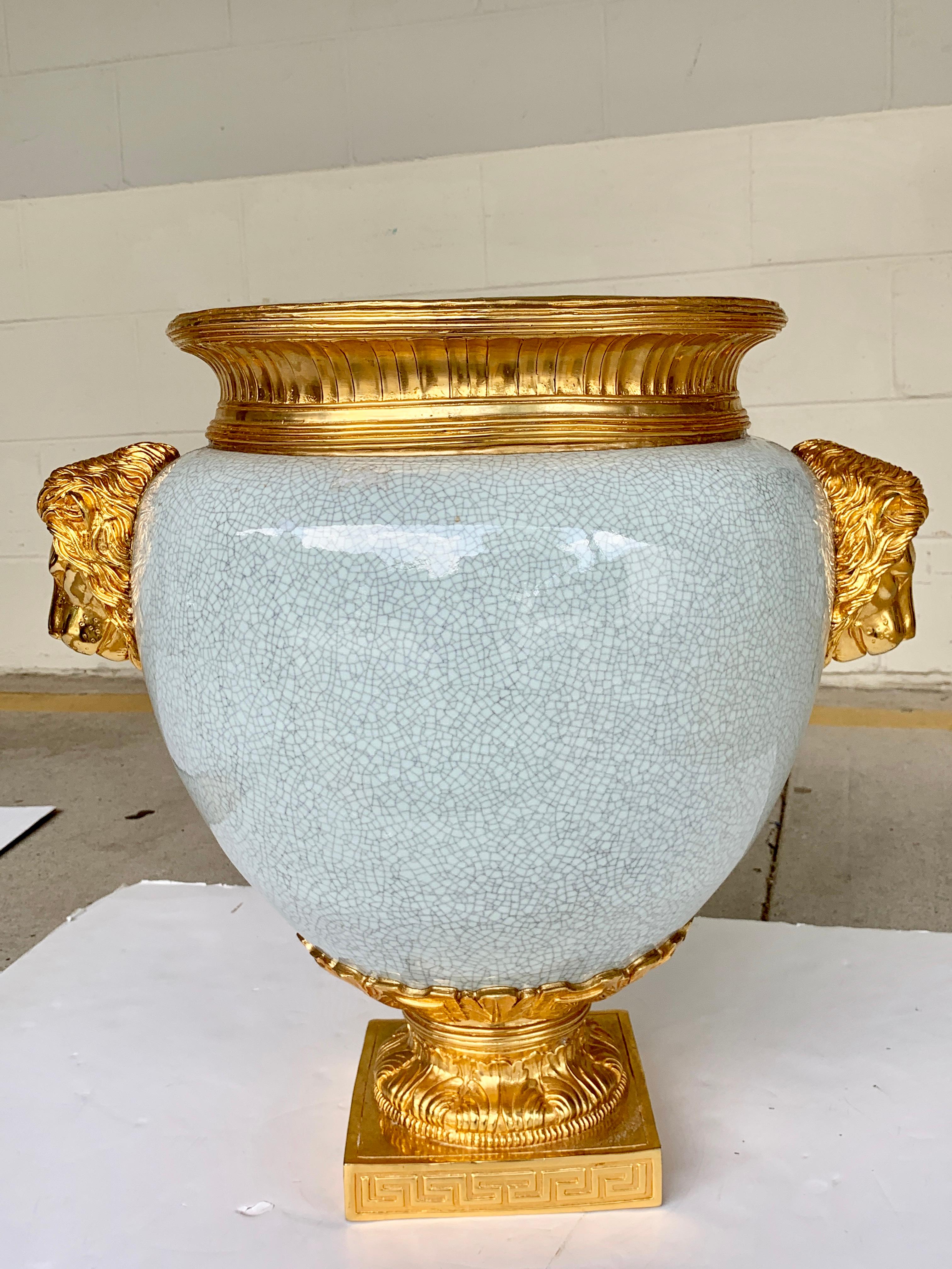 Chinese Crackle Glaze and Ormolu Lion Motif Urn For Sale 2