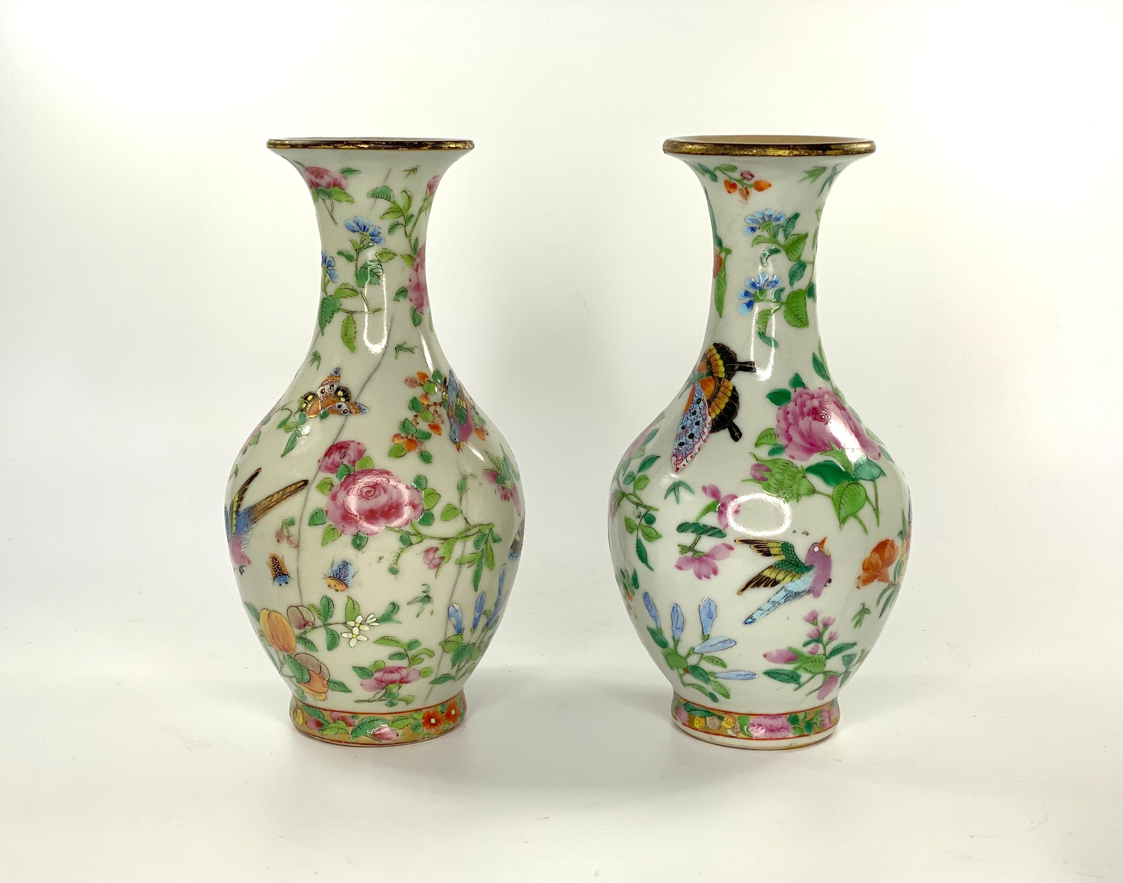 Qing Chinese Crackle Glaze Vases, Famille Rose Decoration, circa 1880