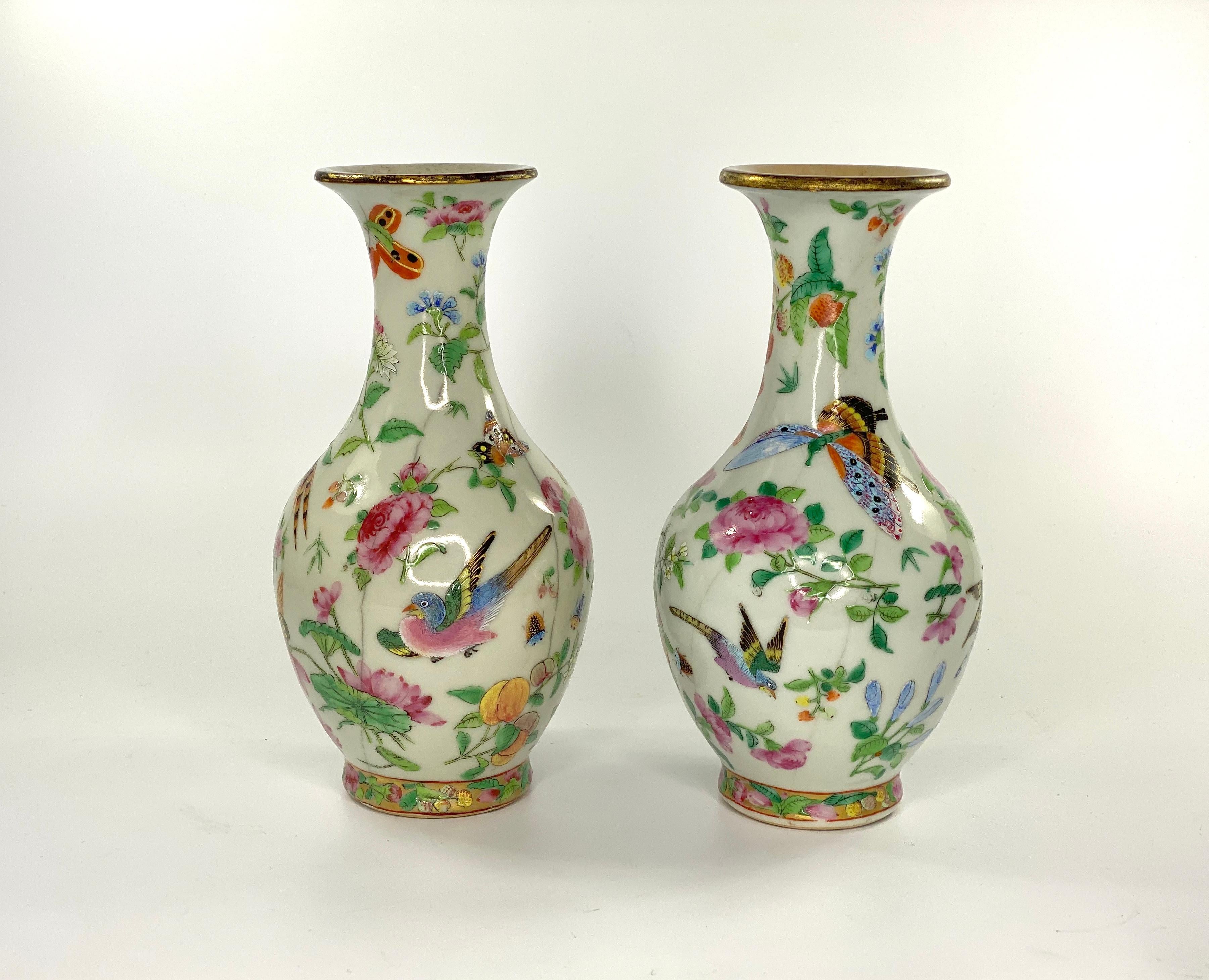 Fired Chinese Crackle Glaze Vases, Famille Rose Decoration, circa 1880