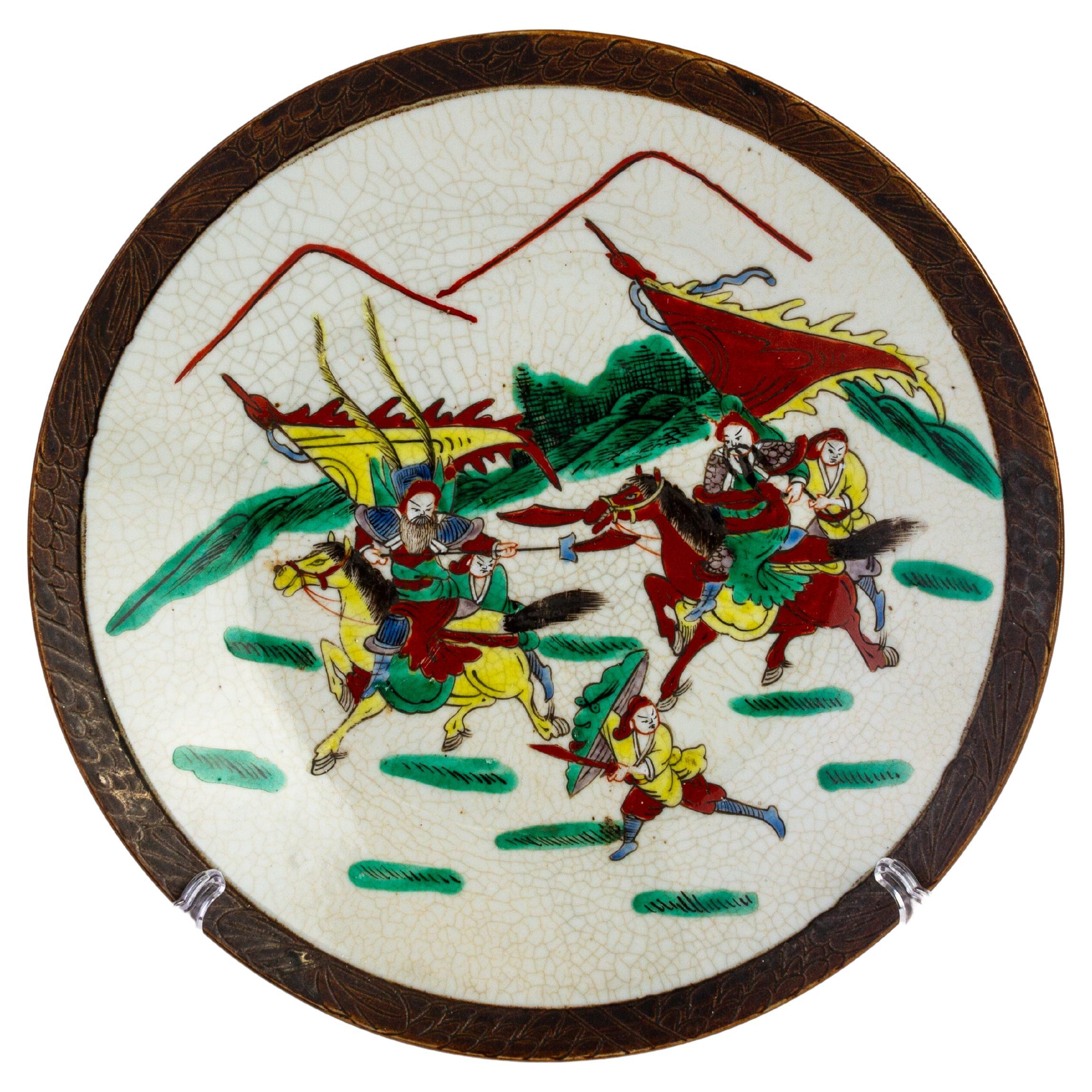 Chinese Crackle Glazed Famille Verte Nanking Warriors Polychrome Charger 19th C For Sale