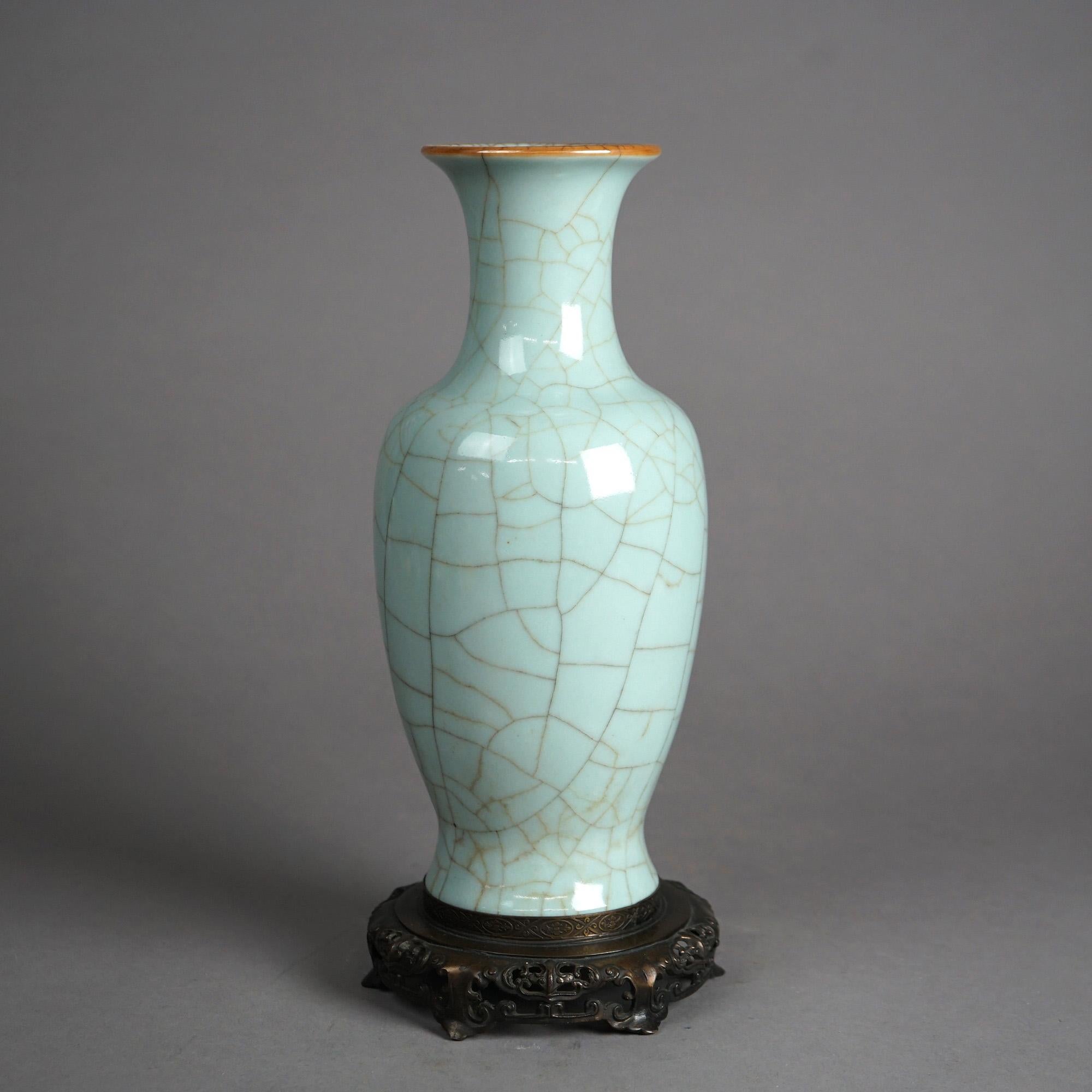 Asian Chinese Crackled Celadon Pottery Vase & Bronzed Cast Metal Base 20thC