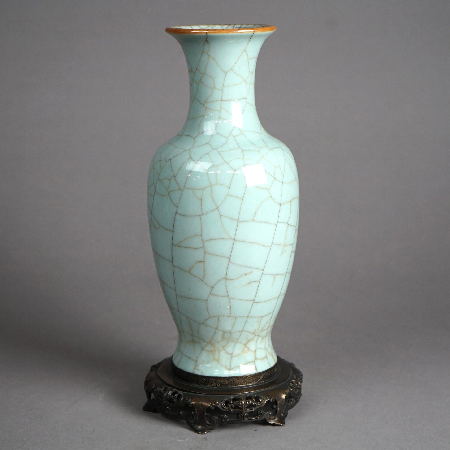 20th Century Chinese Crackled Celadon Pottery Vase & Bronzed Cast Metal Base 20thC