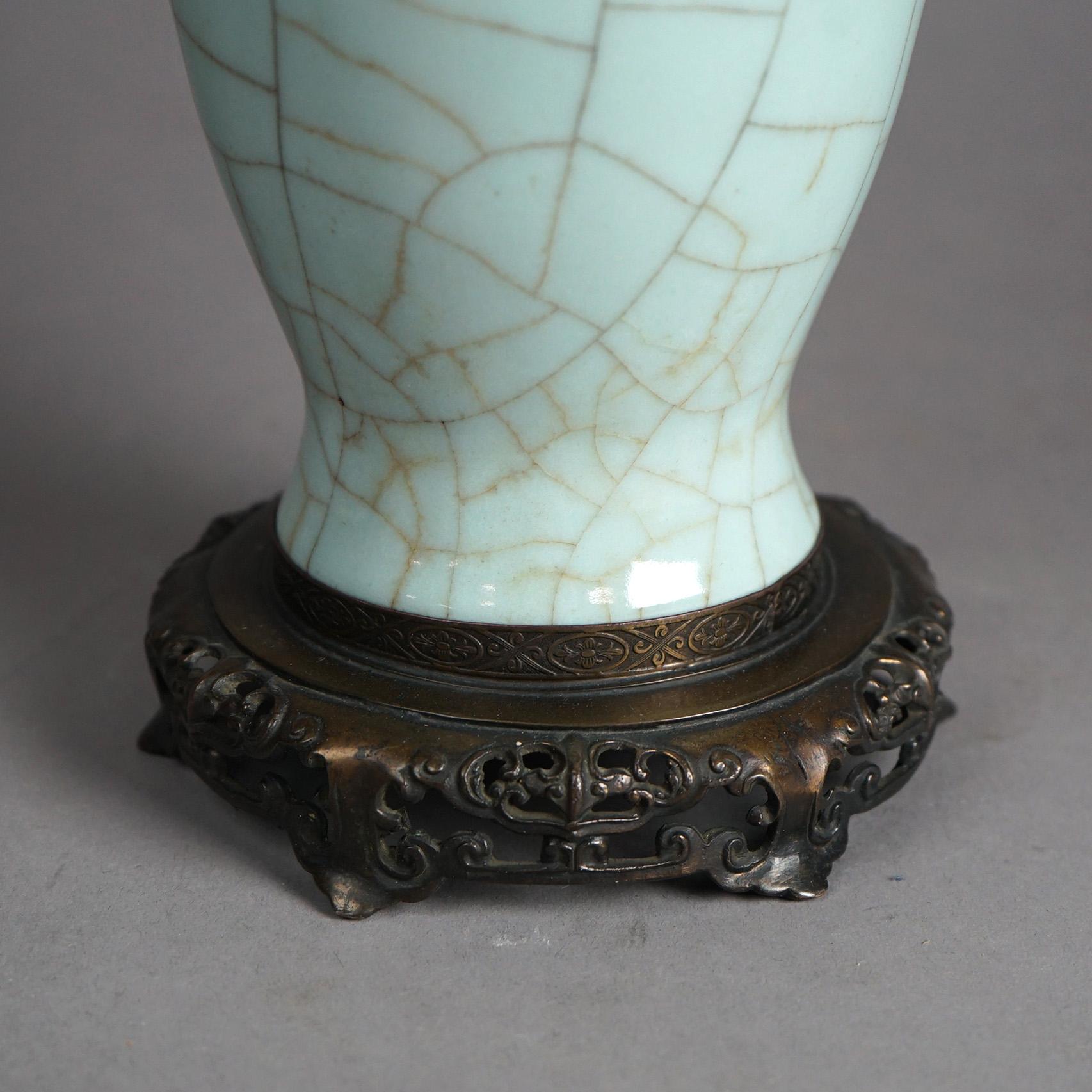Chinese Crackled Celadon Pottery Vase & Bronzed Cast Metal Base 20thC 3