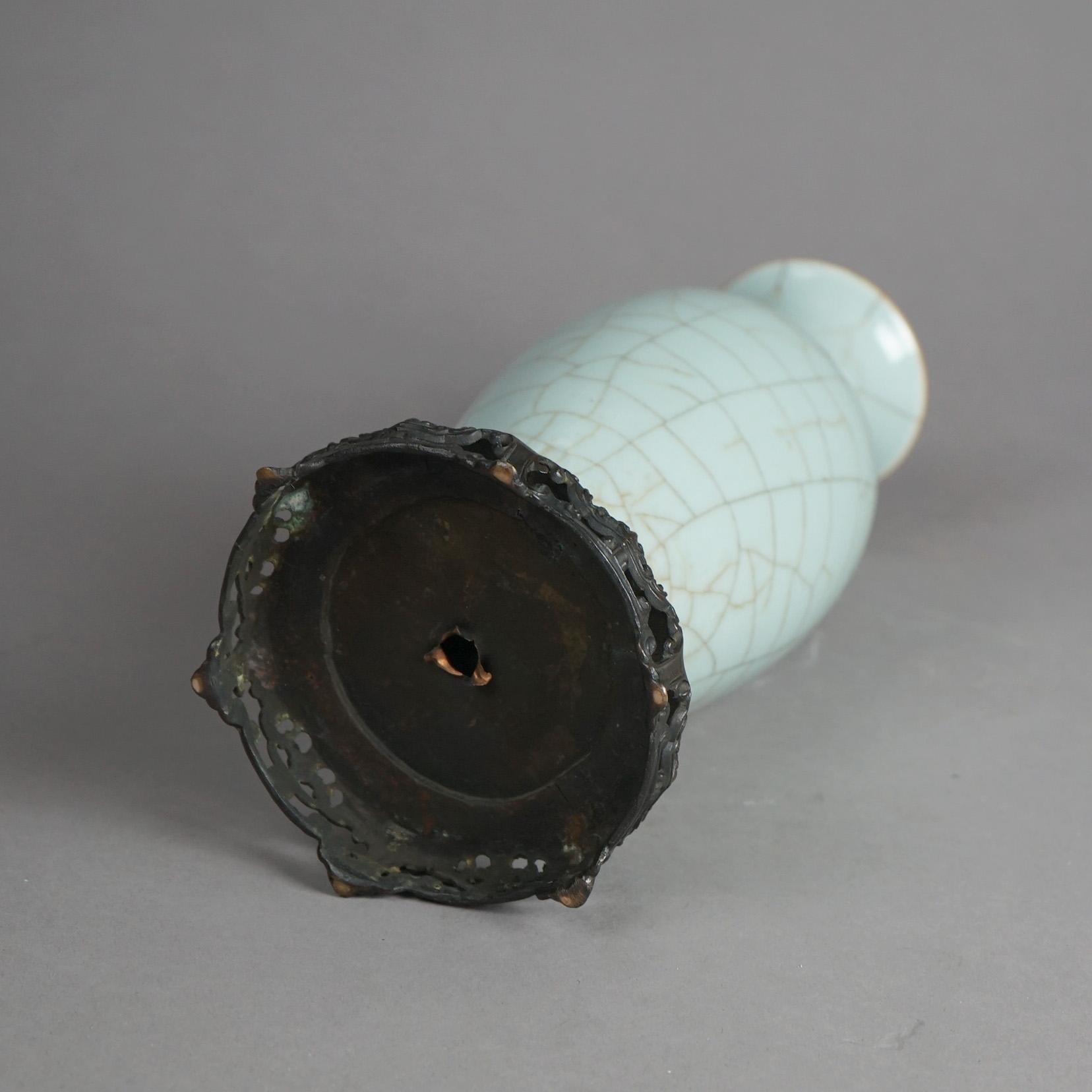 Chinese Crackled Celadon Pottery Vase & Bronzed Cast Metal Base 20thC 4