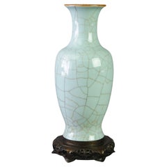 Chinese Crackled Celadon Pottery Vase & Bronzed Cast Metal Base 20thC