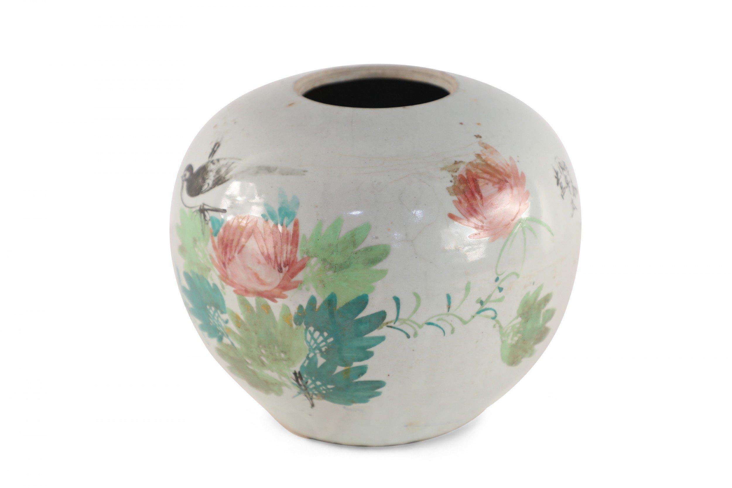 Chinese Cream and Botanical Design Round Porcelain Vase For Sale 3